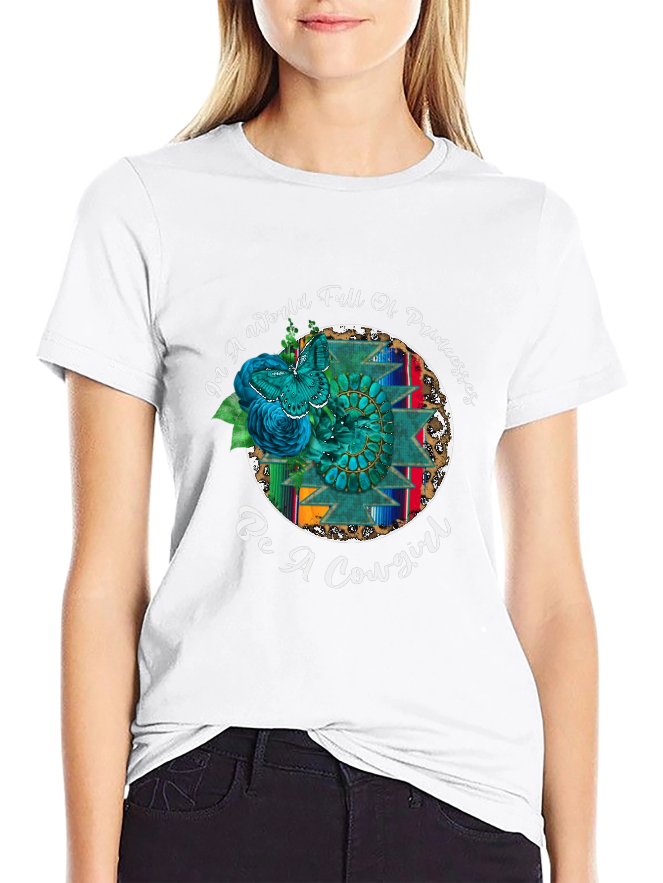 Cowgirl Graphic Tee - Turquoise Butterfly Western Design