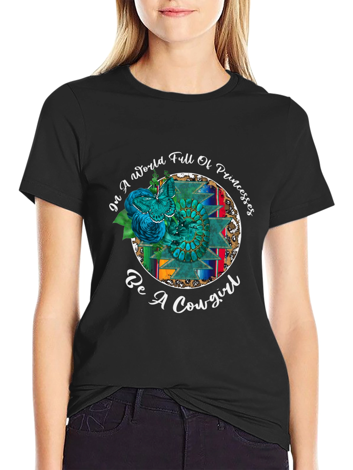 Cowgirl Graphic Tee - Turquoise Butterfly Western Design