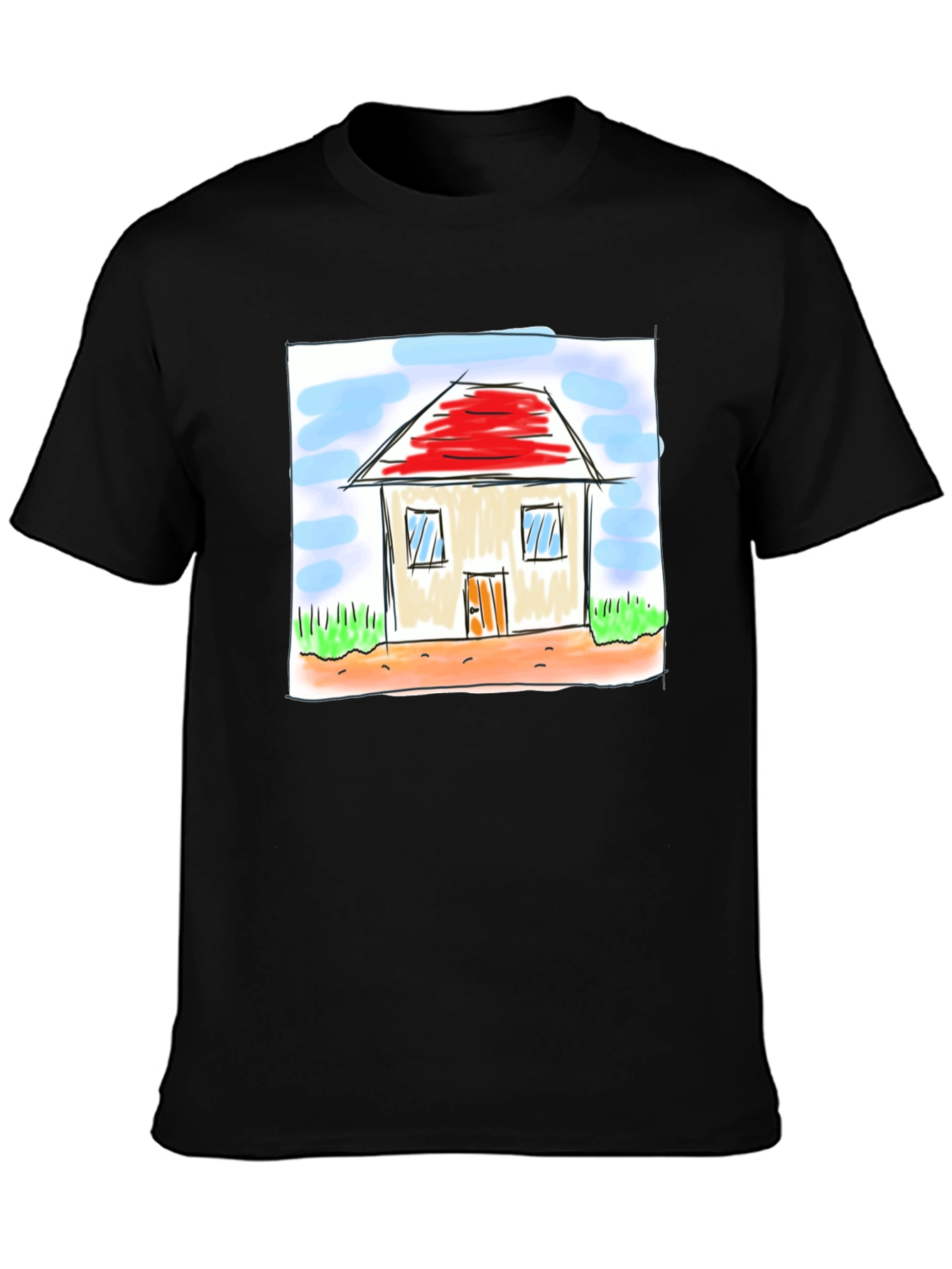 Cute House Drawing Black T-Shirt