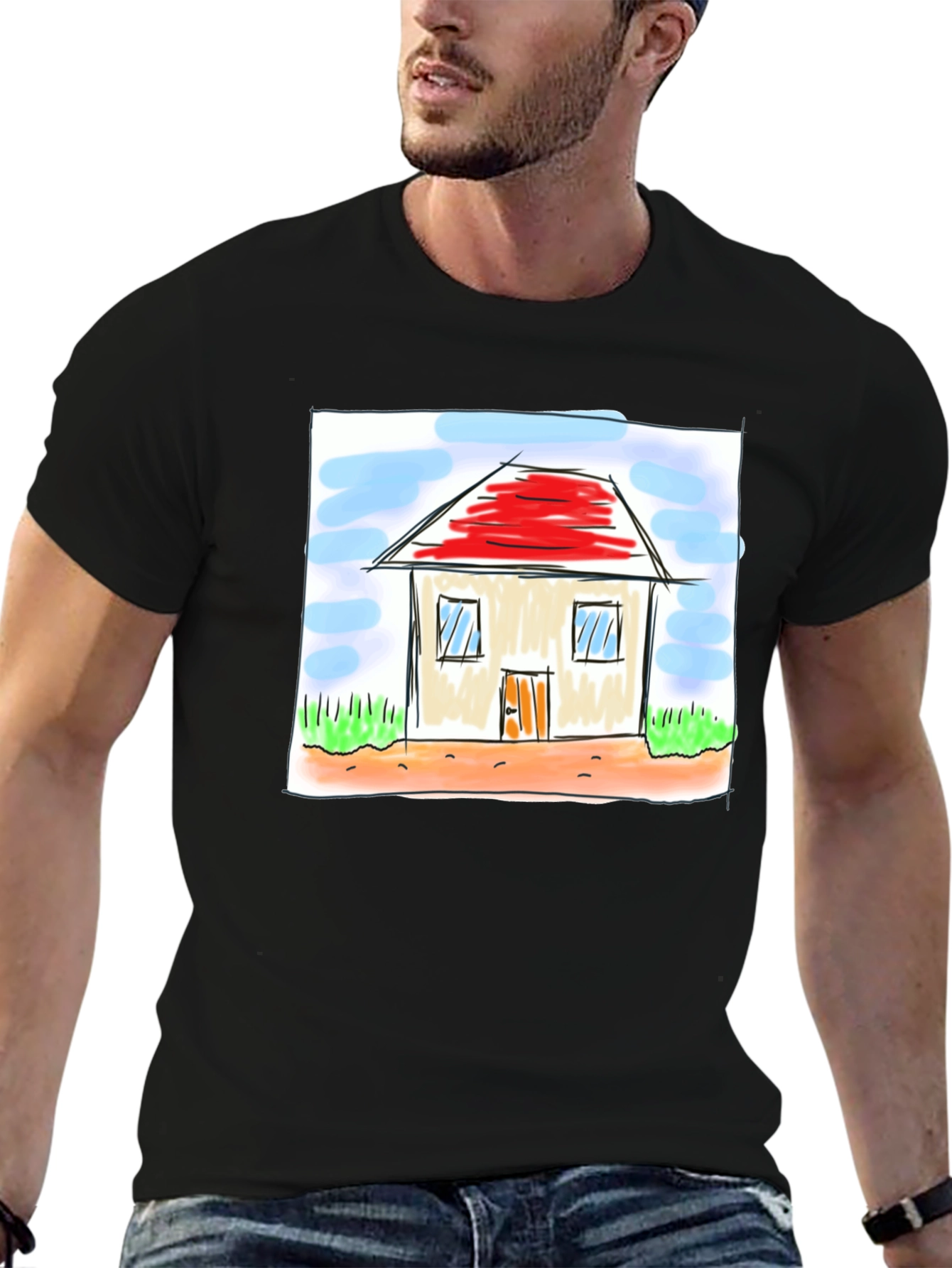 Cute House Drawing Black T-Shirt