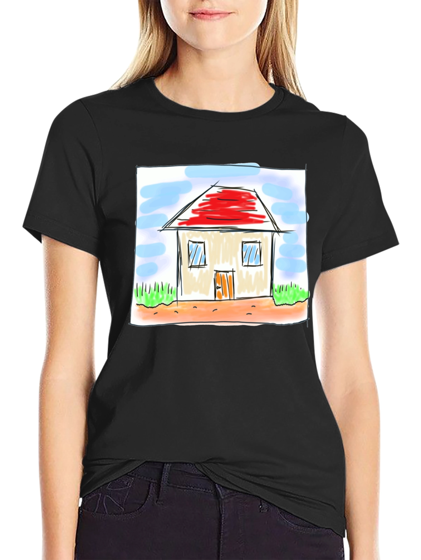 Cute House Drawing Black T-Shirt
