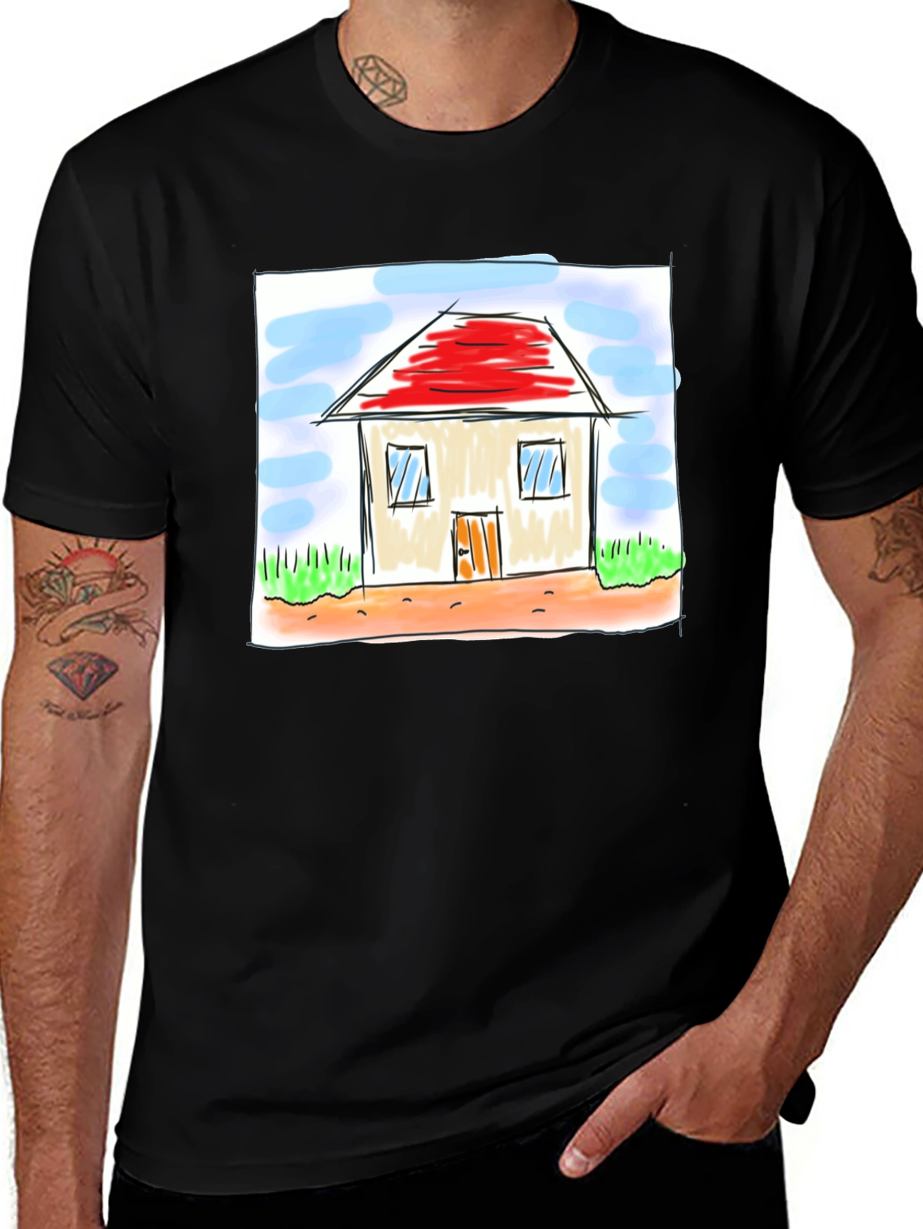 Cute House Drawing Black T-Shirt