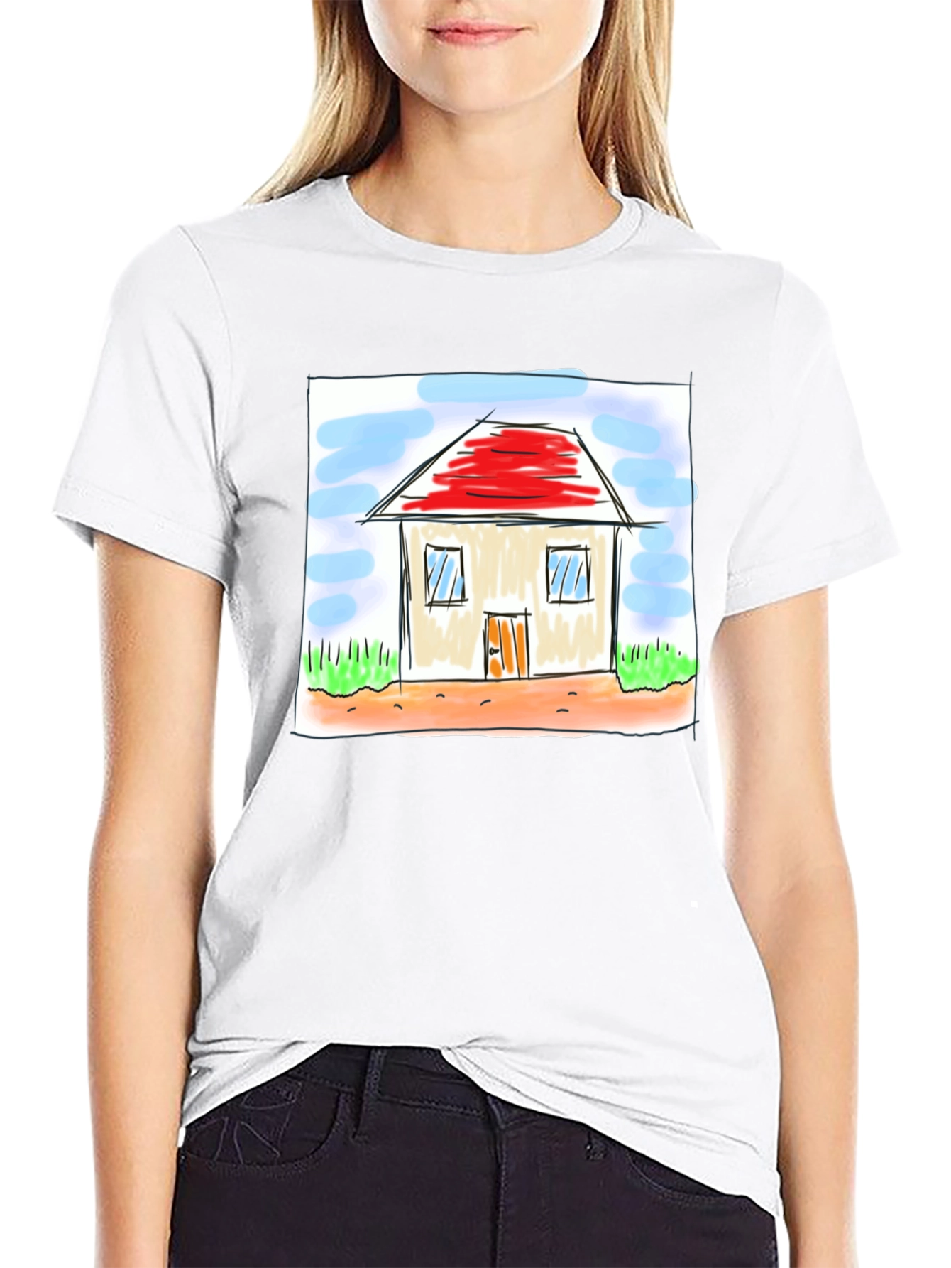 Cute House Drawing Black T-Shirt