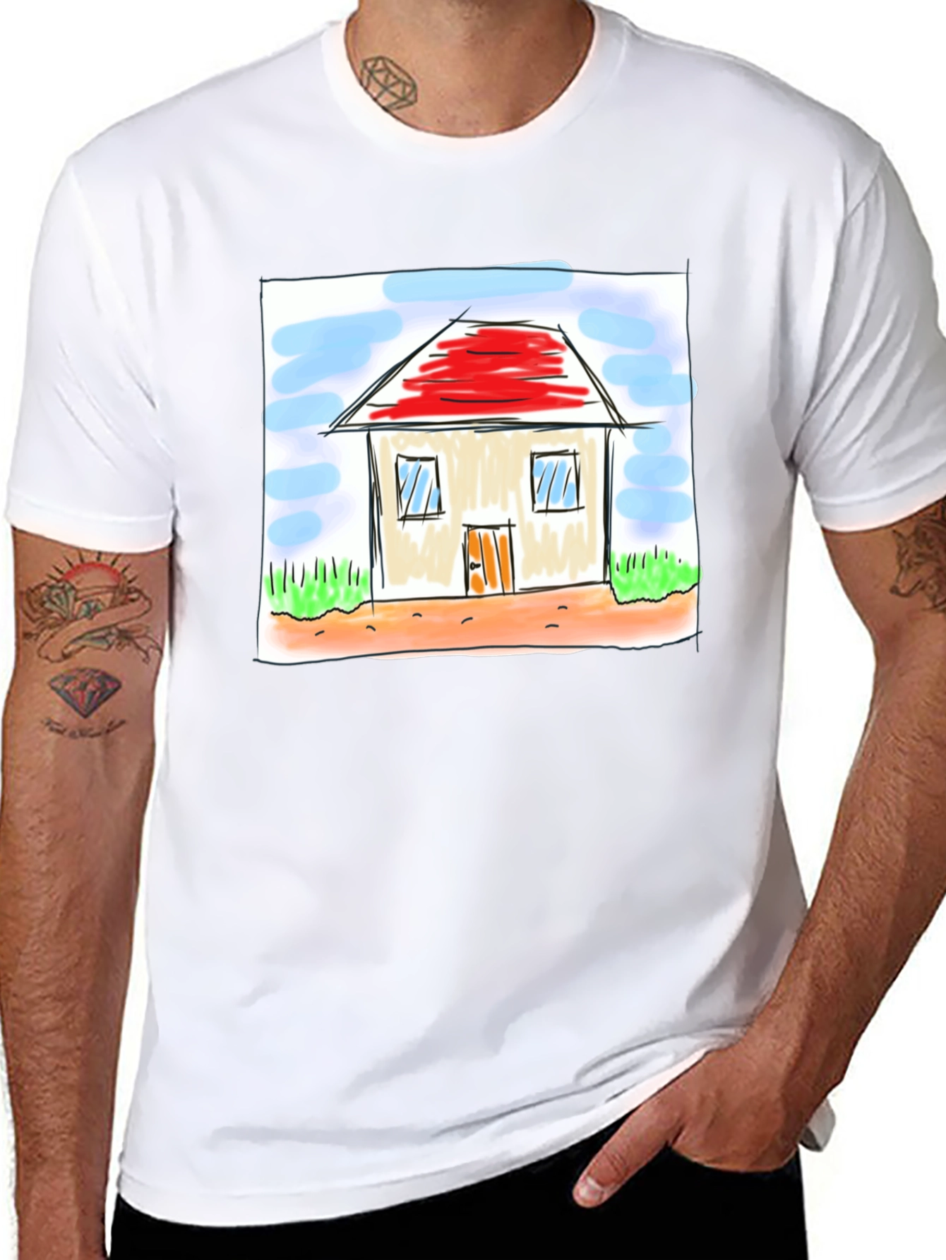 Cute House Drawing Black T-Shirt