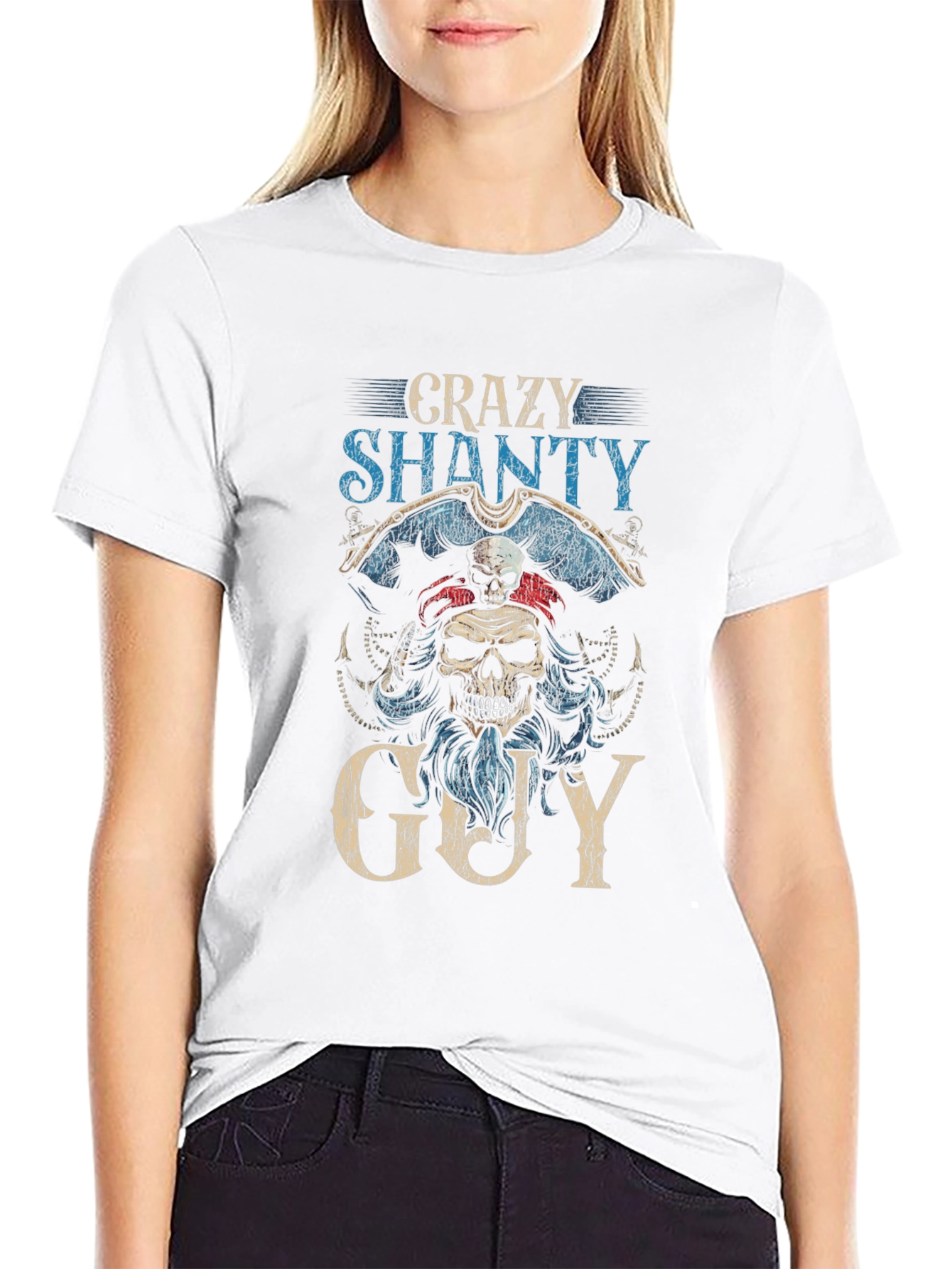 Crazy Shanty Guy Graphic T-Shirt - Pirate Skull Design