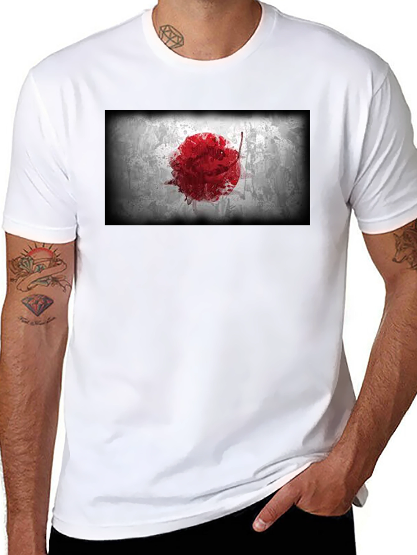 Japanese Flag Graphic Black T-Shirt - Grunge Design