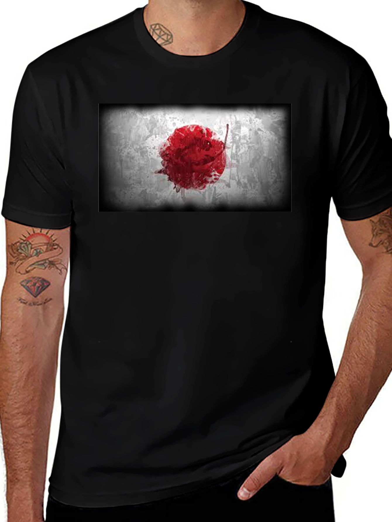 Japanese Flag Graphic Black T-Shirt - Grunge Design