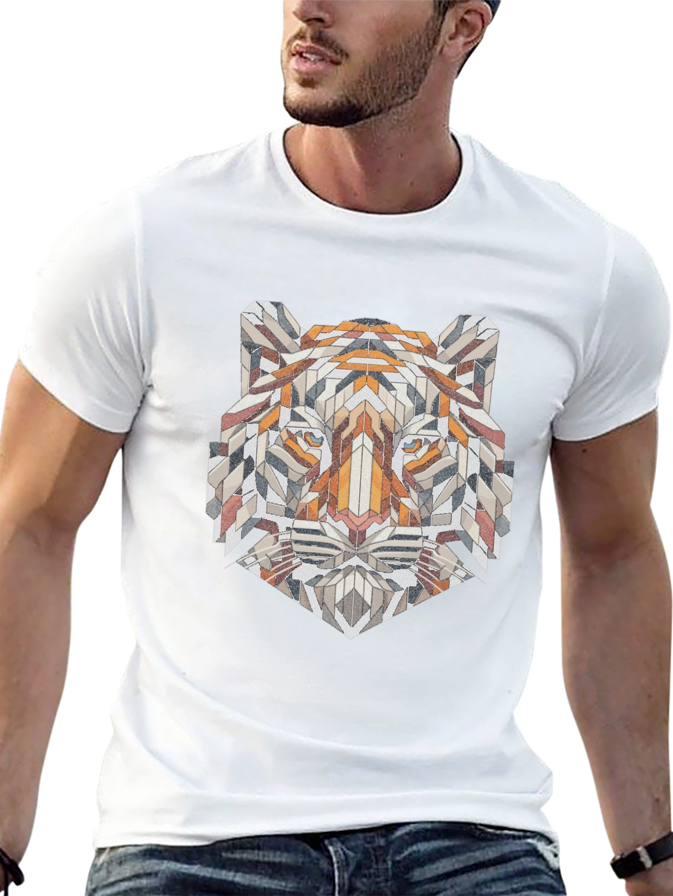 Geometric Tiger Graphic Tee - Unique Mens Black T-Shirt