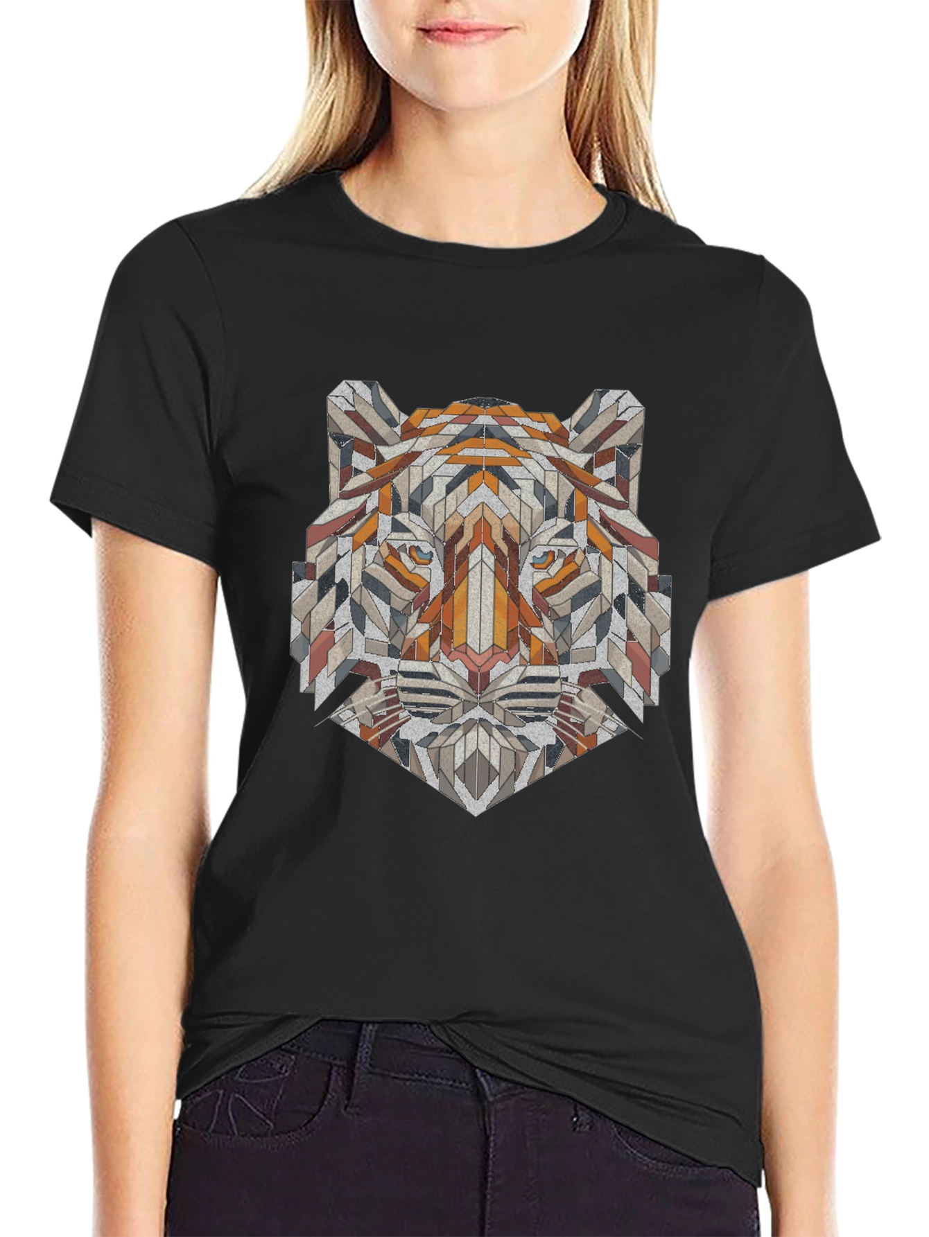 Geometric Tiger Graphic Tee - Unique Mens Black T-Shirt