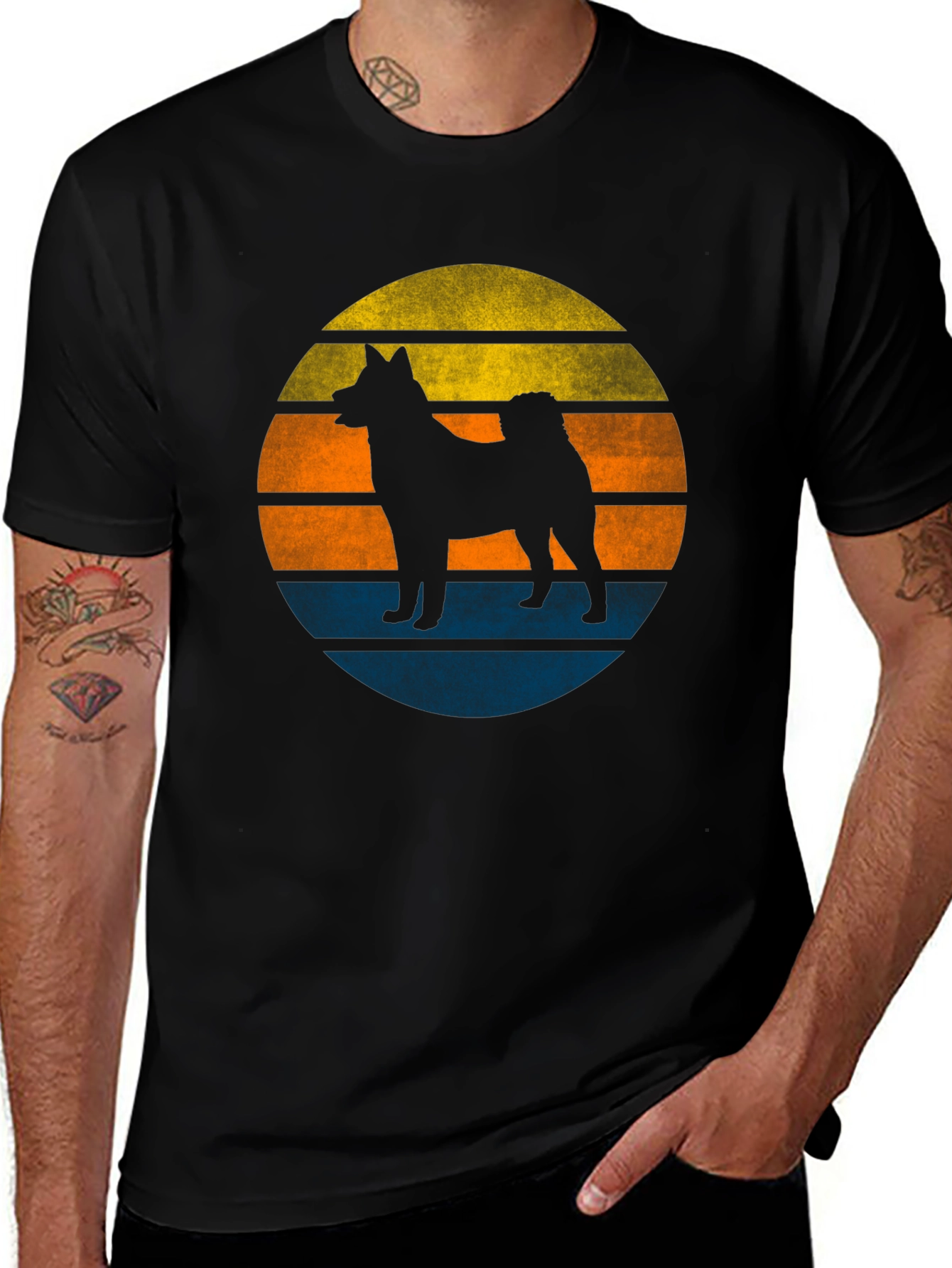 Retro Dog Sunset Graphic Tee - Mens Black T-Shirt