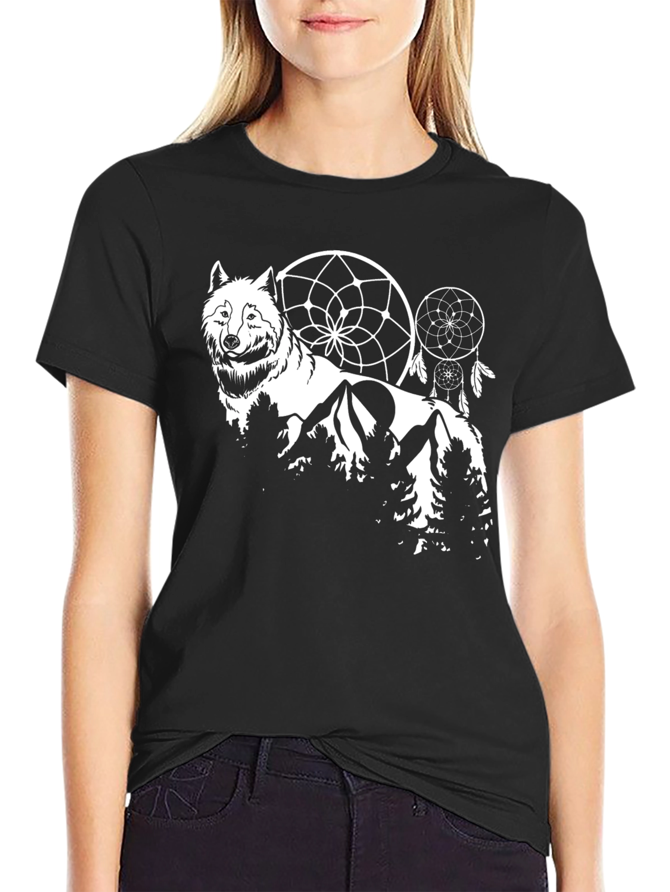 Wolf Dreamcatcher Graphic Tee - Black