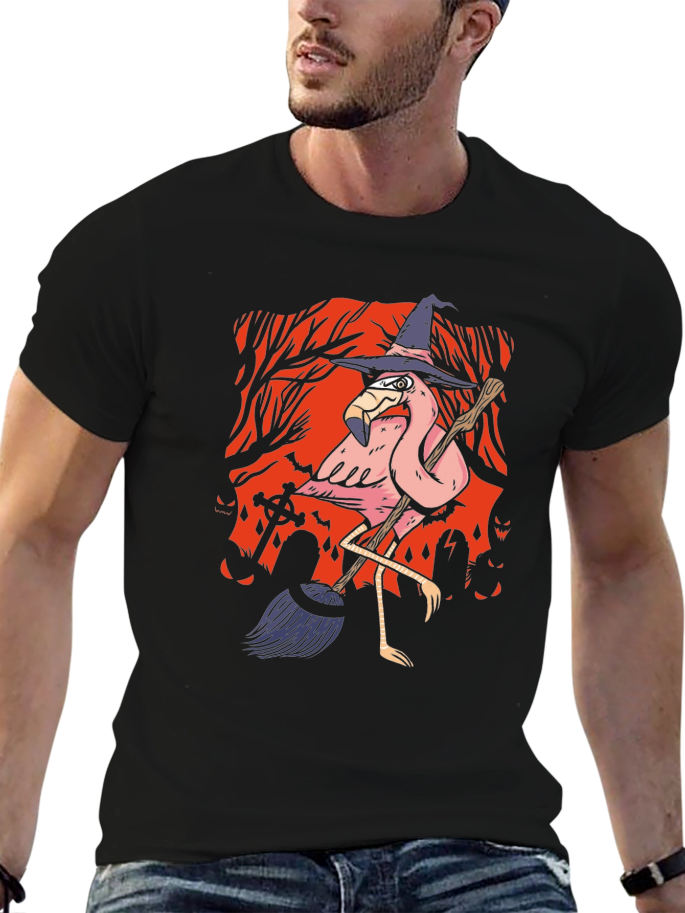 Halloween Flamingo Witch Graphic Tee