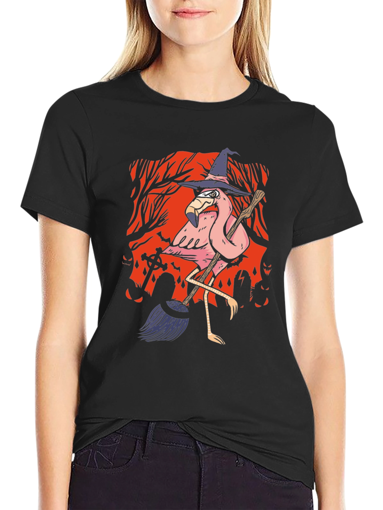 Halloween Flamingo Witch Graphic Tee