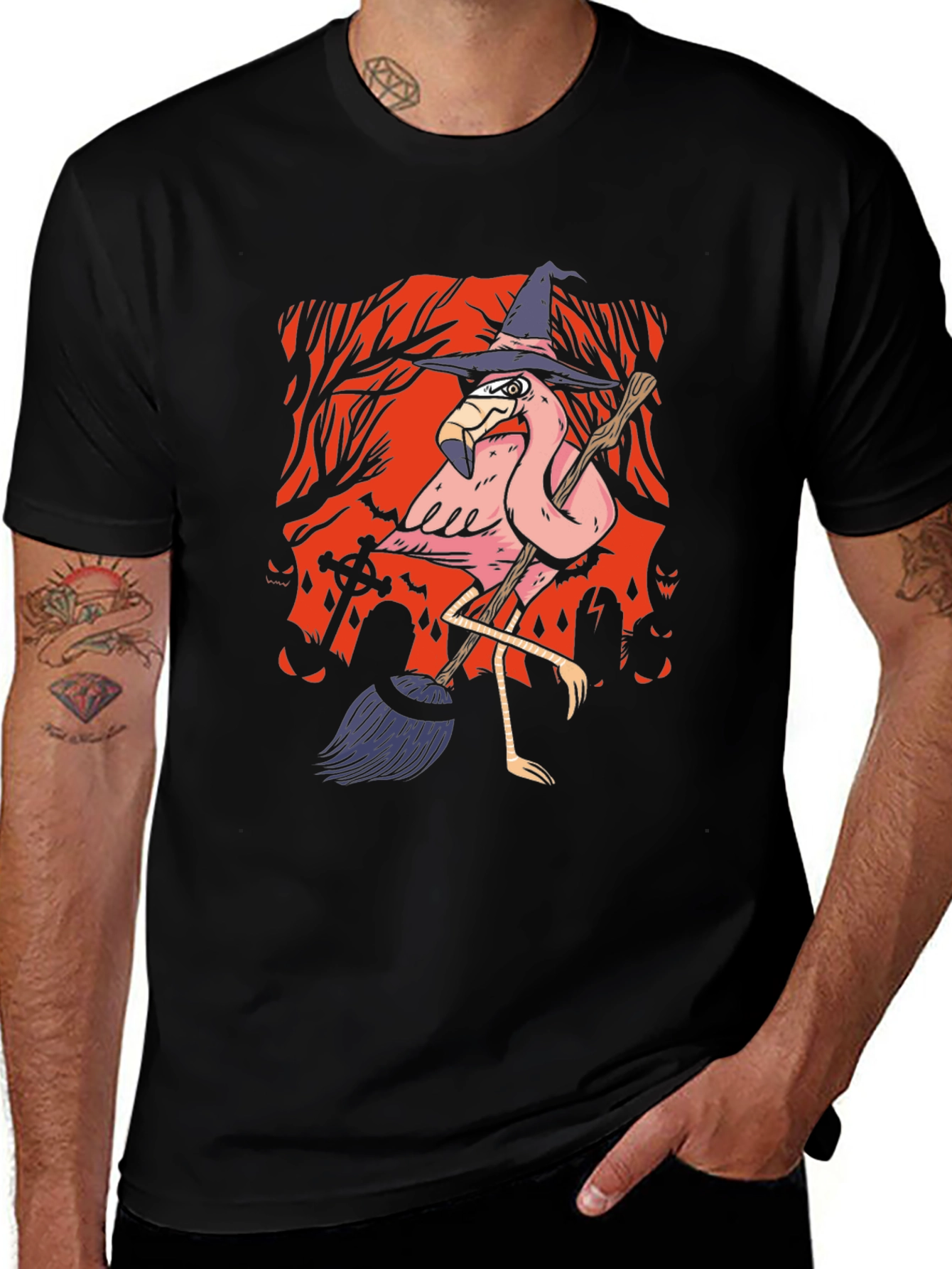 Halloween Flamingo Witch Graphic Tee