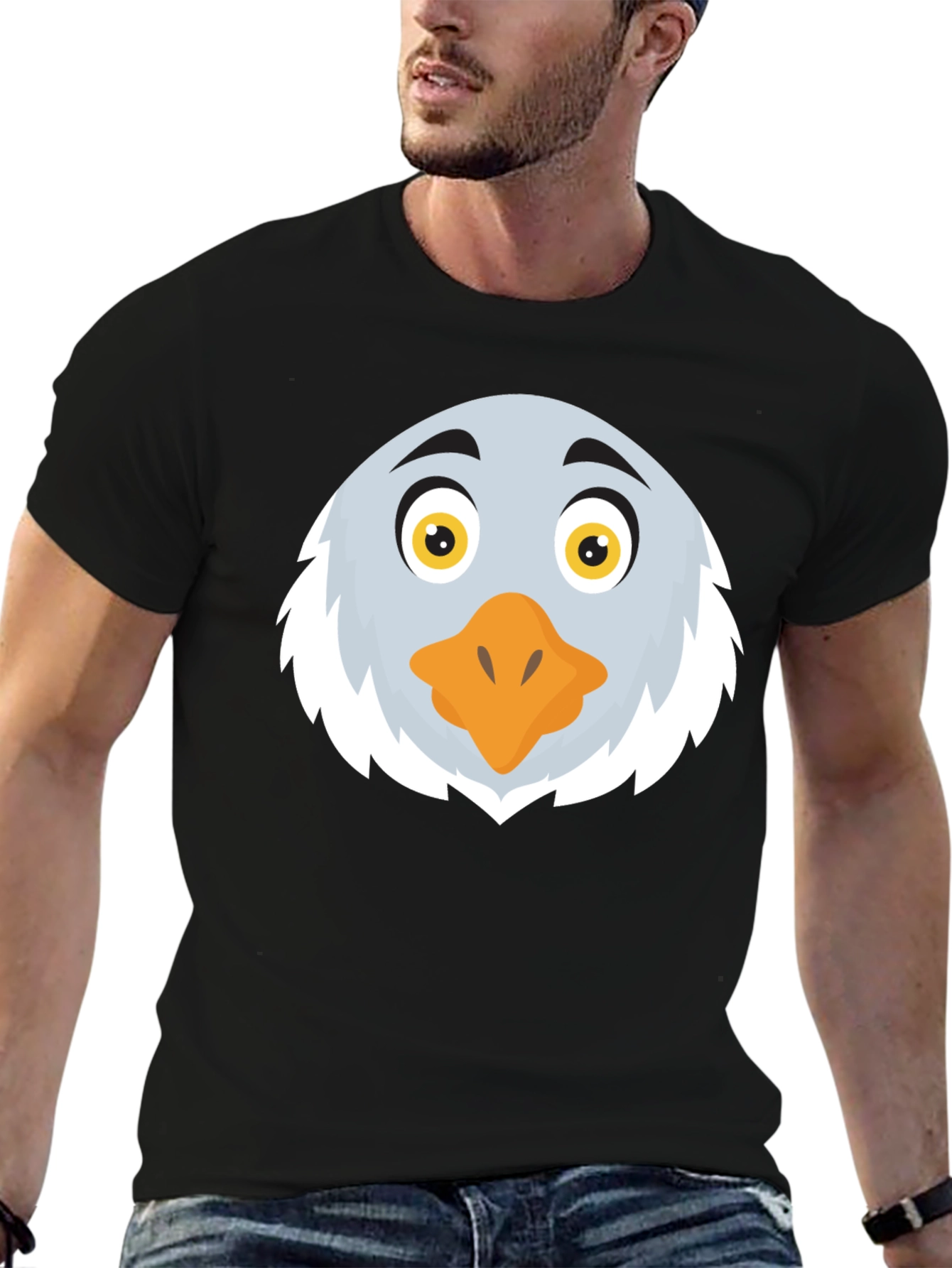 Eagle Cartoon Face Graphic Black T-Shirt