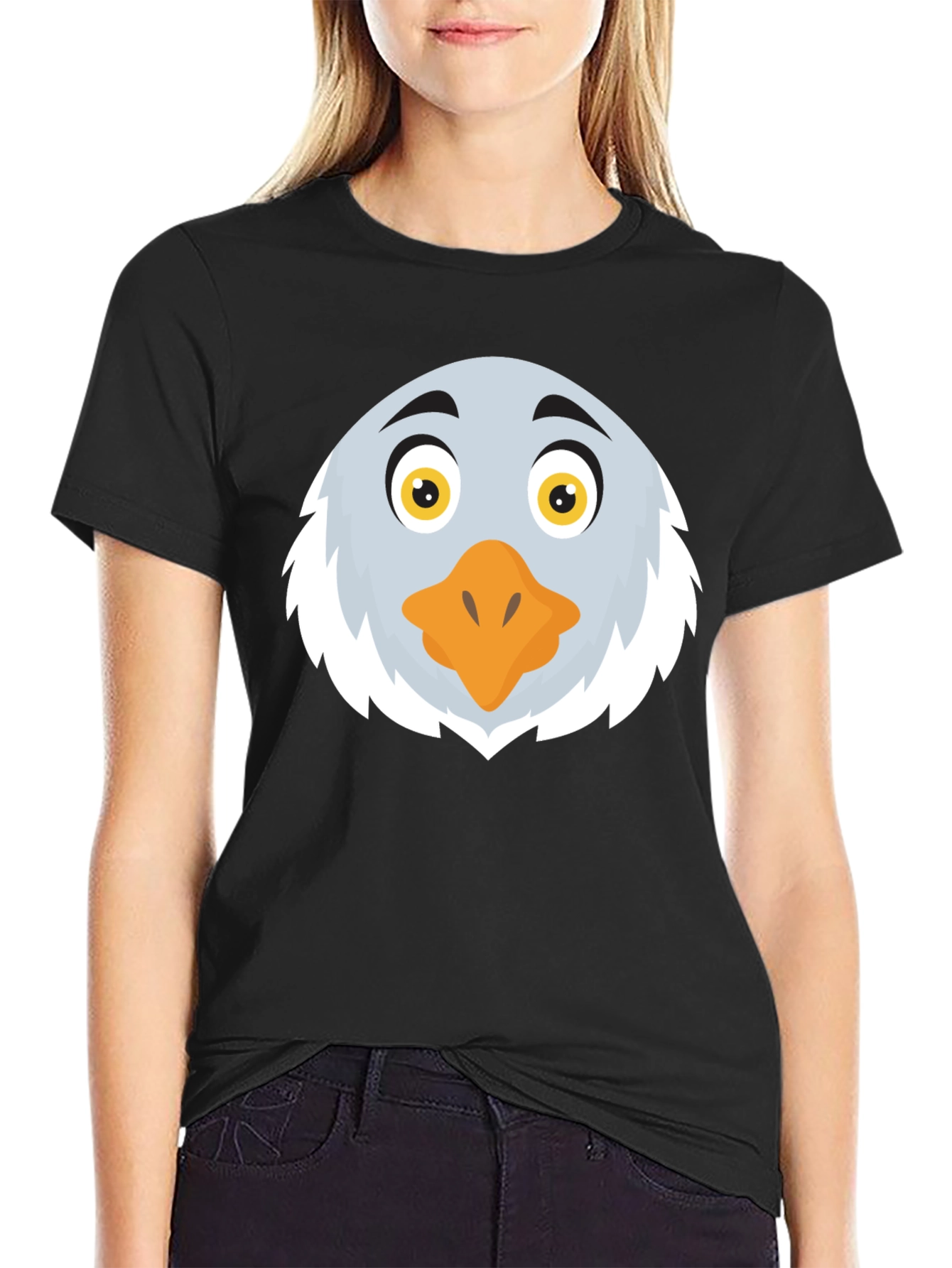 Eagle Cartoon Face Graphic Black T-Shirt