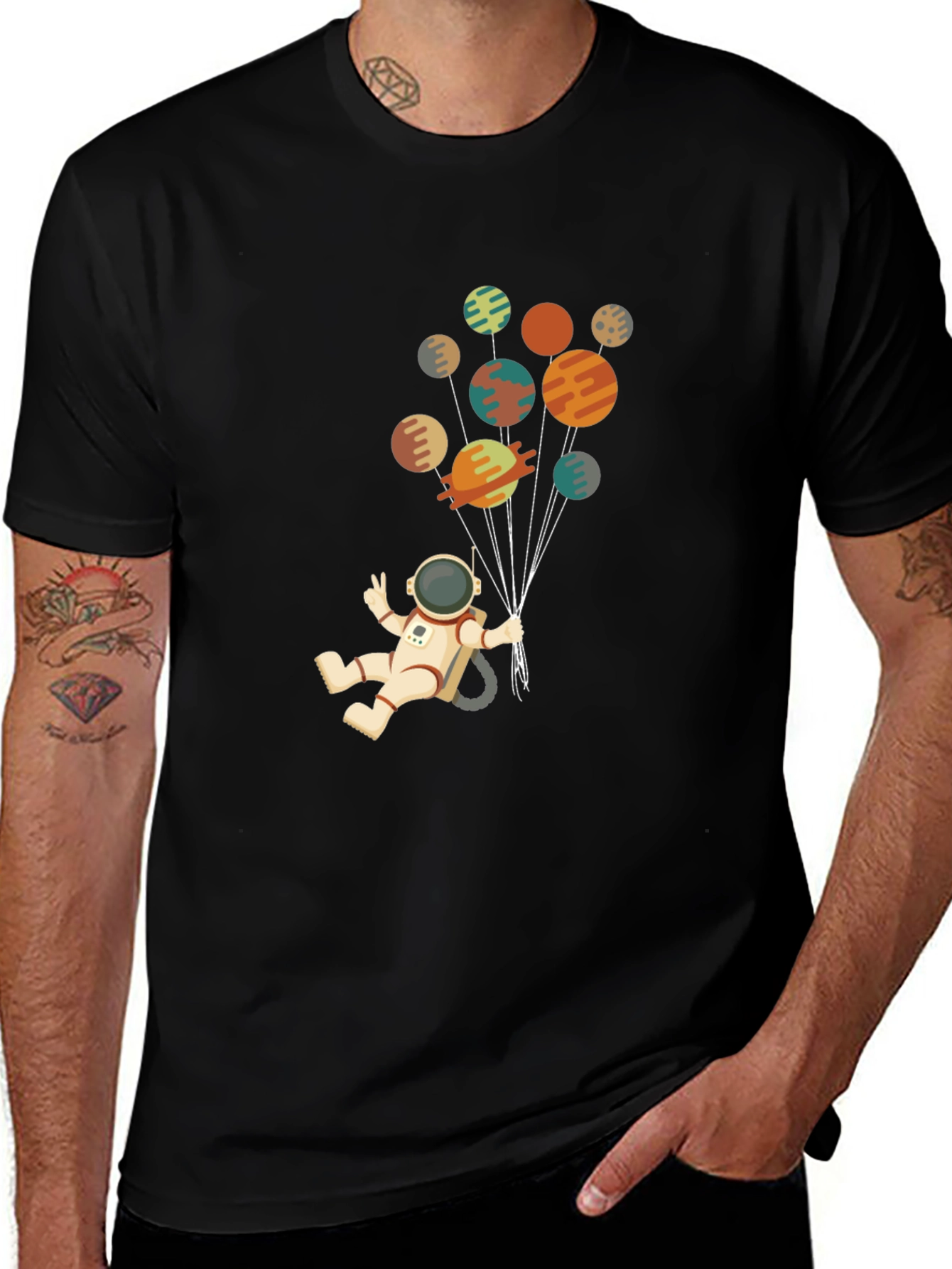 Astronaut Planets Graphic Tee - Black Cotton Blend