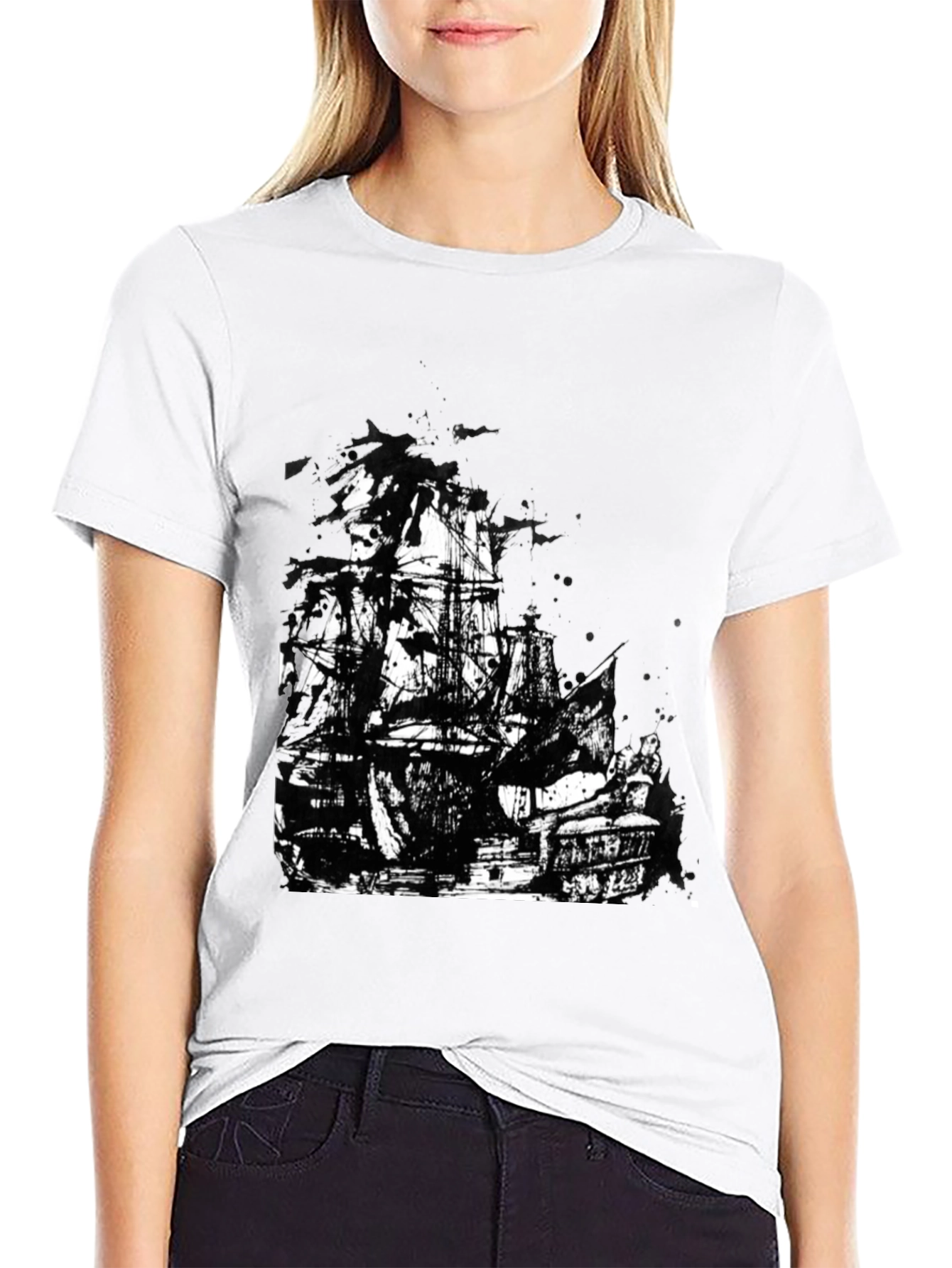 Black T-Shirt with Pirate Ship Graphic