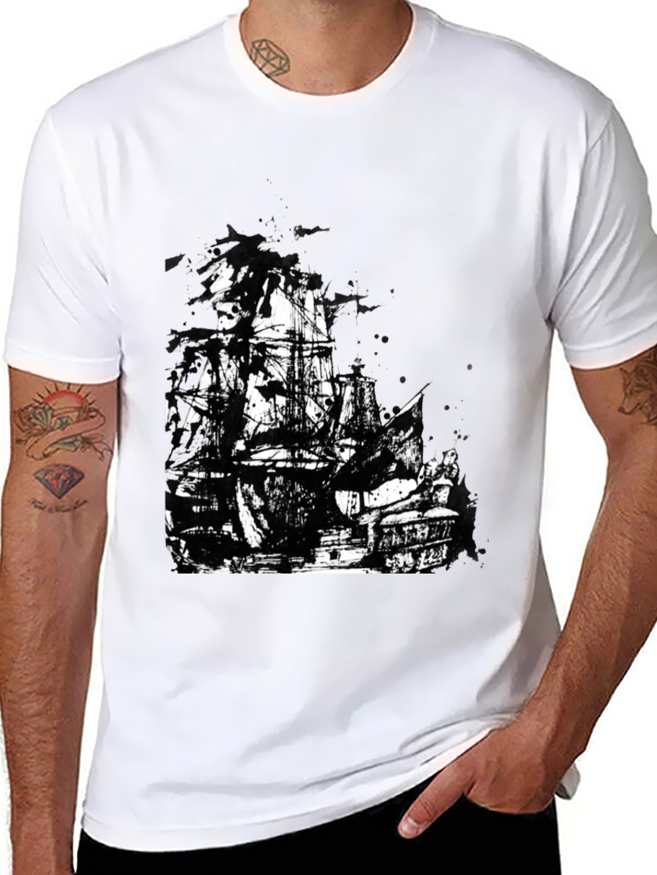 Black T-Shirt with Pirate Ship Graphic