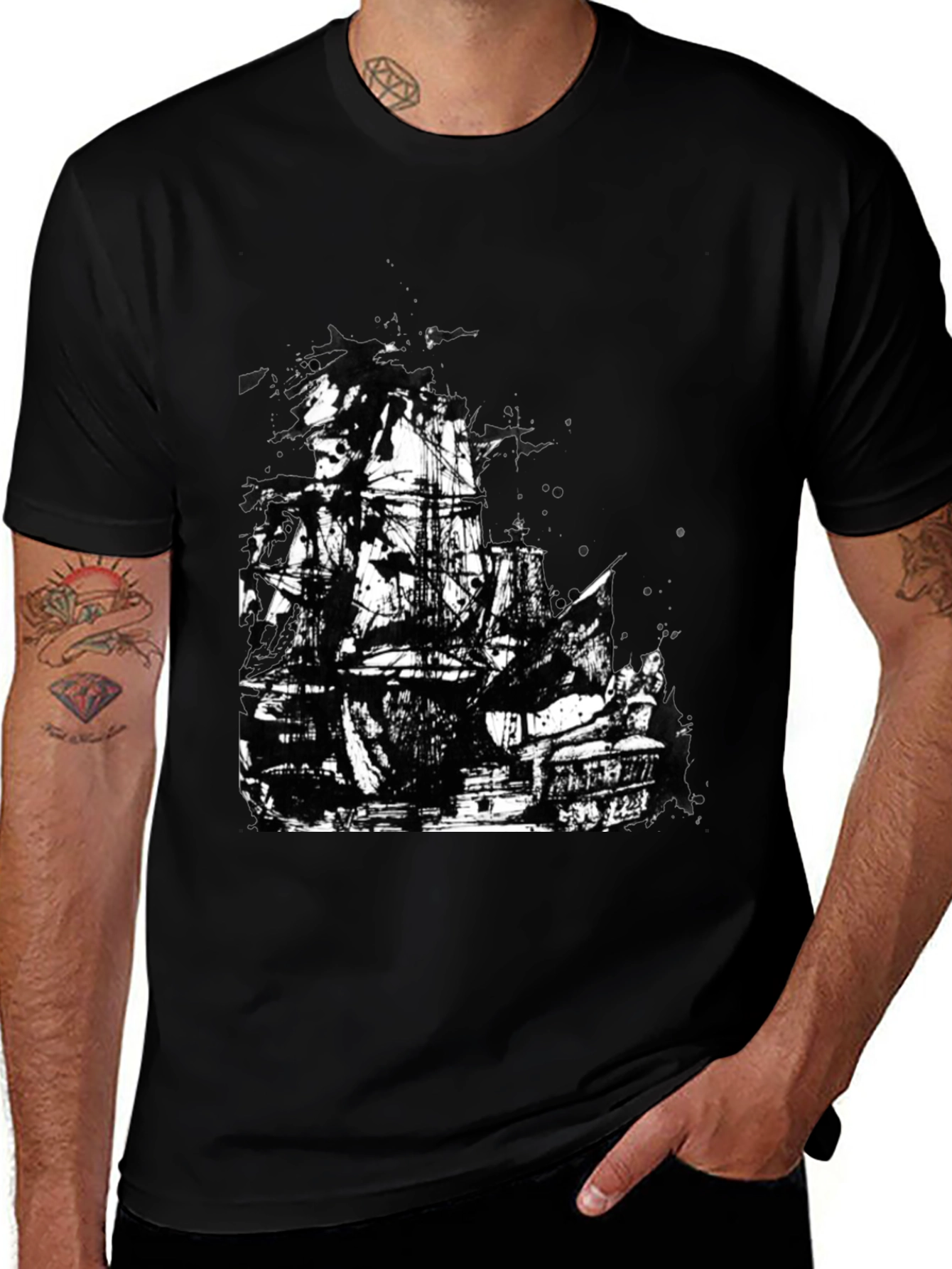 Black T-Shirt with Pirate Ship Graphic