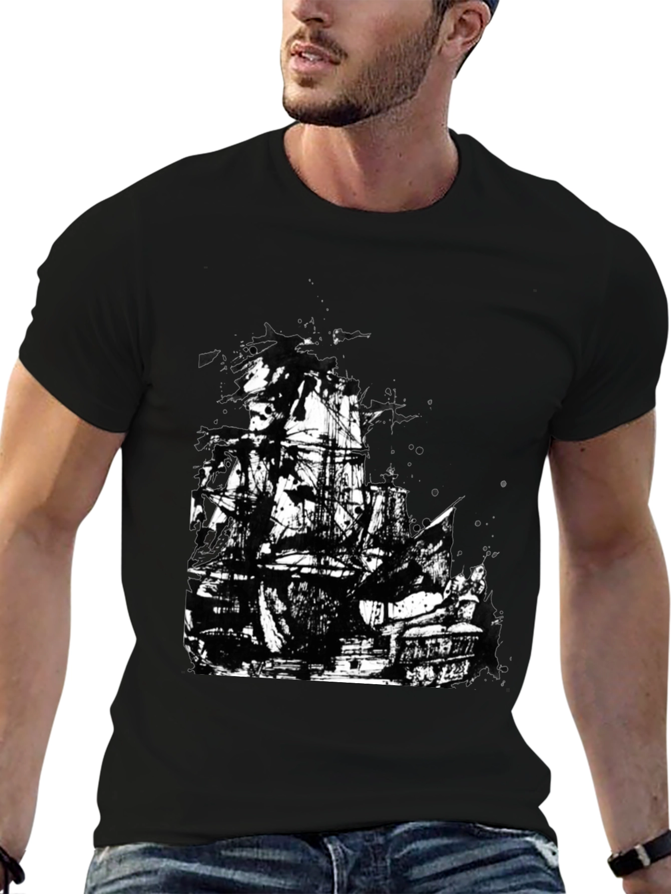 Black T-Shirt with Pirate Ship Graphic