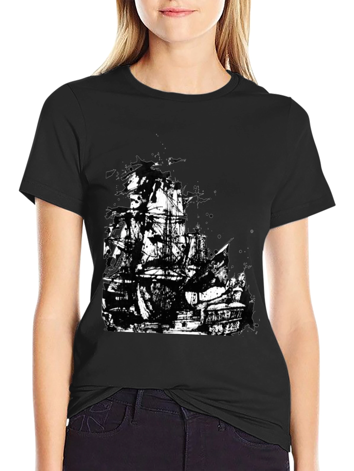Black T-Shirt with Pirate Ship Graphic