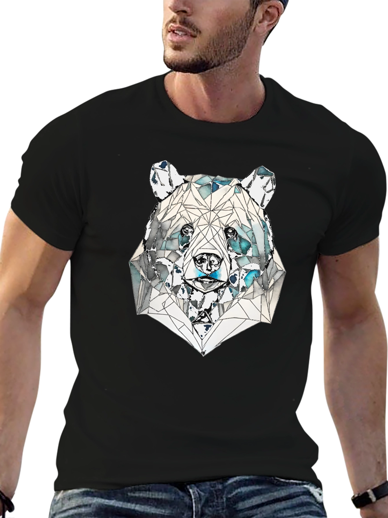 Geometric Bear Graphic Tee - Black