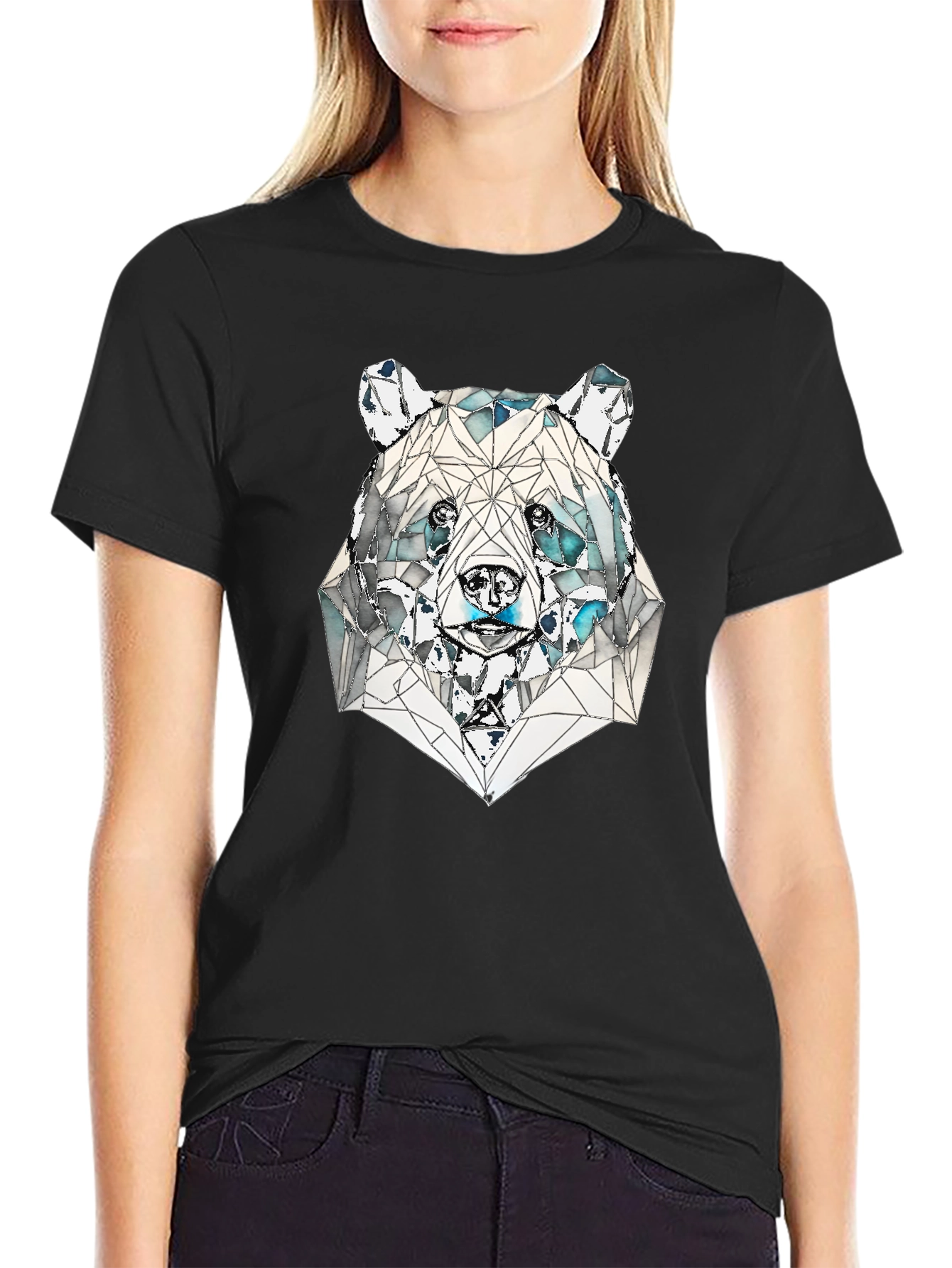 Geometric Bear Graphic Tee - Black