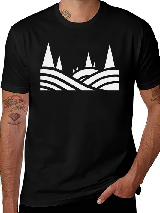 Abstract Mountain Scene Graphic Tee - Black Cotton T-Shirt