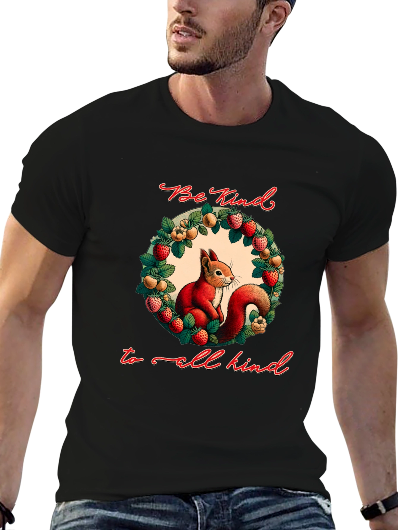 Be Kind T-Shirt with Squirrel and Floral Wreath