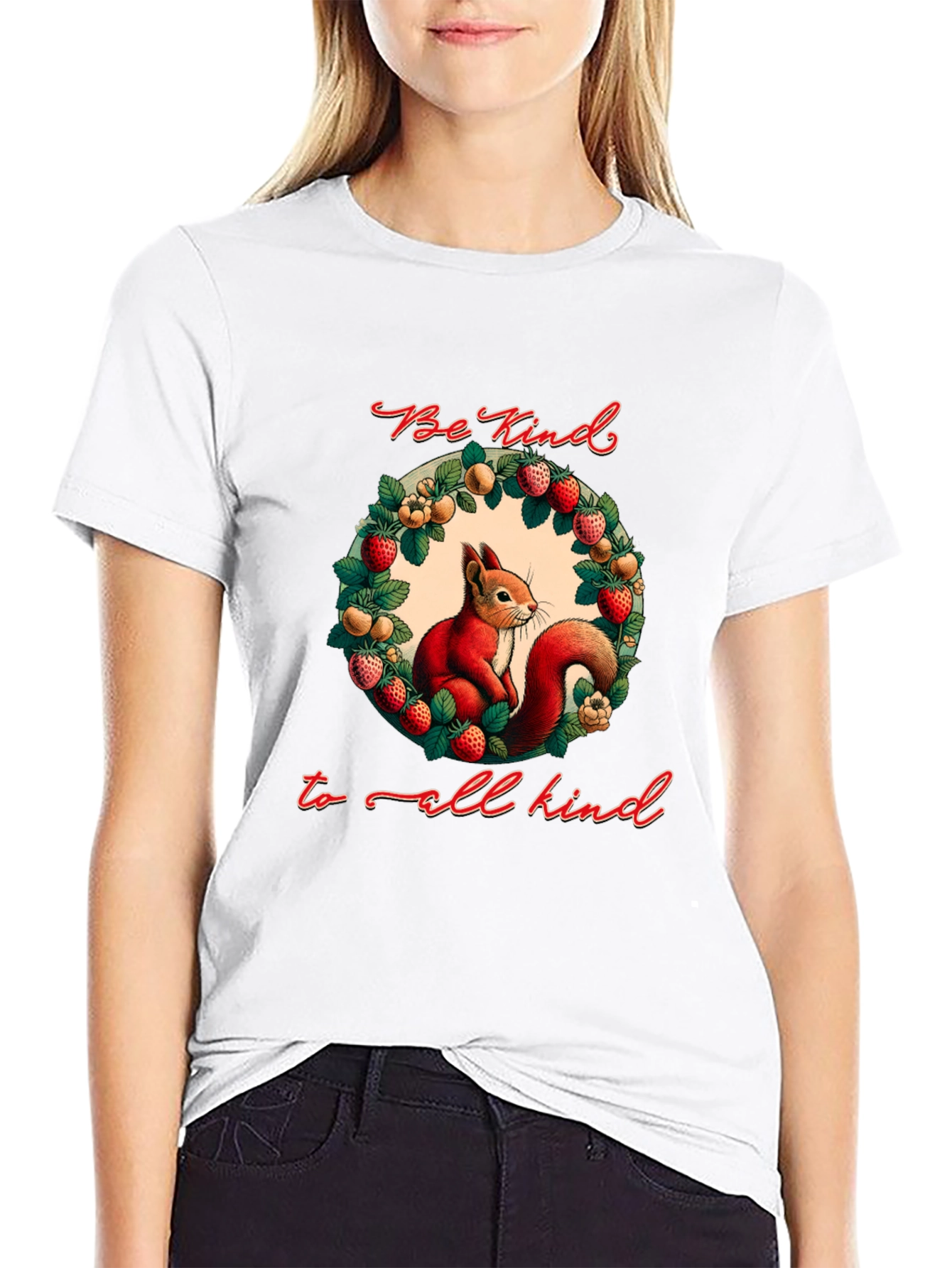 Be Kind T-Shirt with Squirrel and Floral Wreath