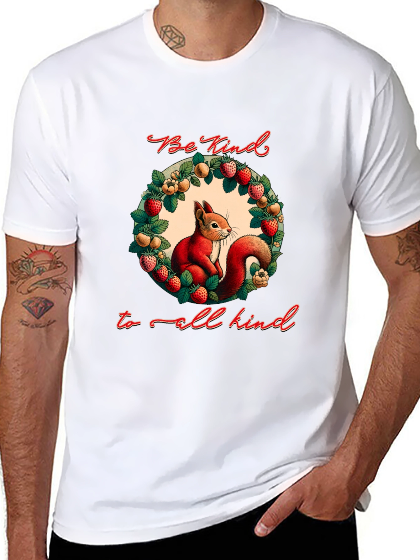 Be Kind T-Shirt with Squirrel and Floral Wreath