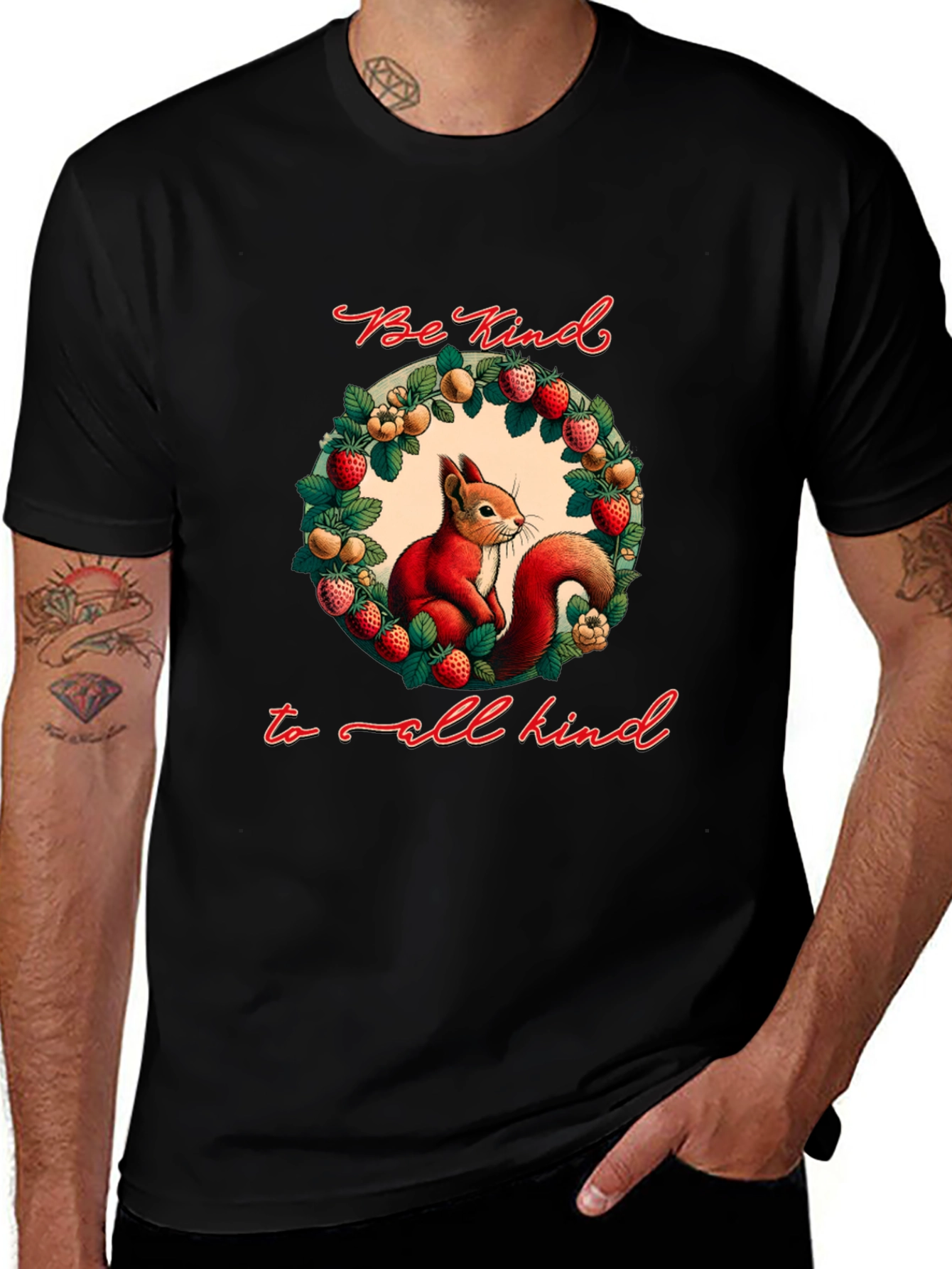 Be Kind T-Shirt with Squirrel and Floral Wreath