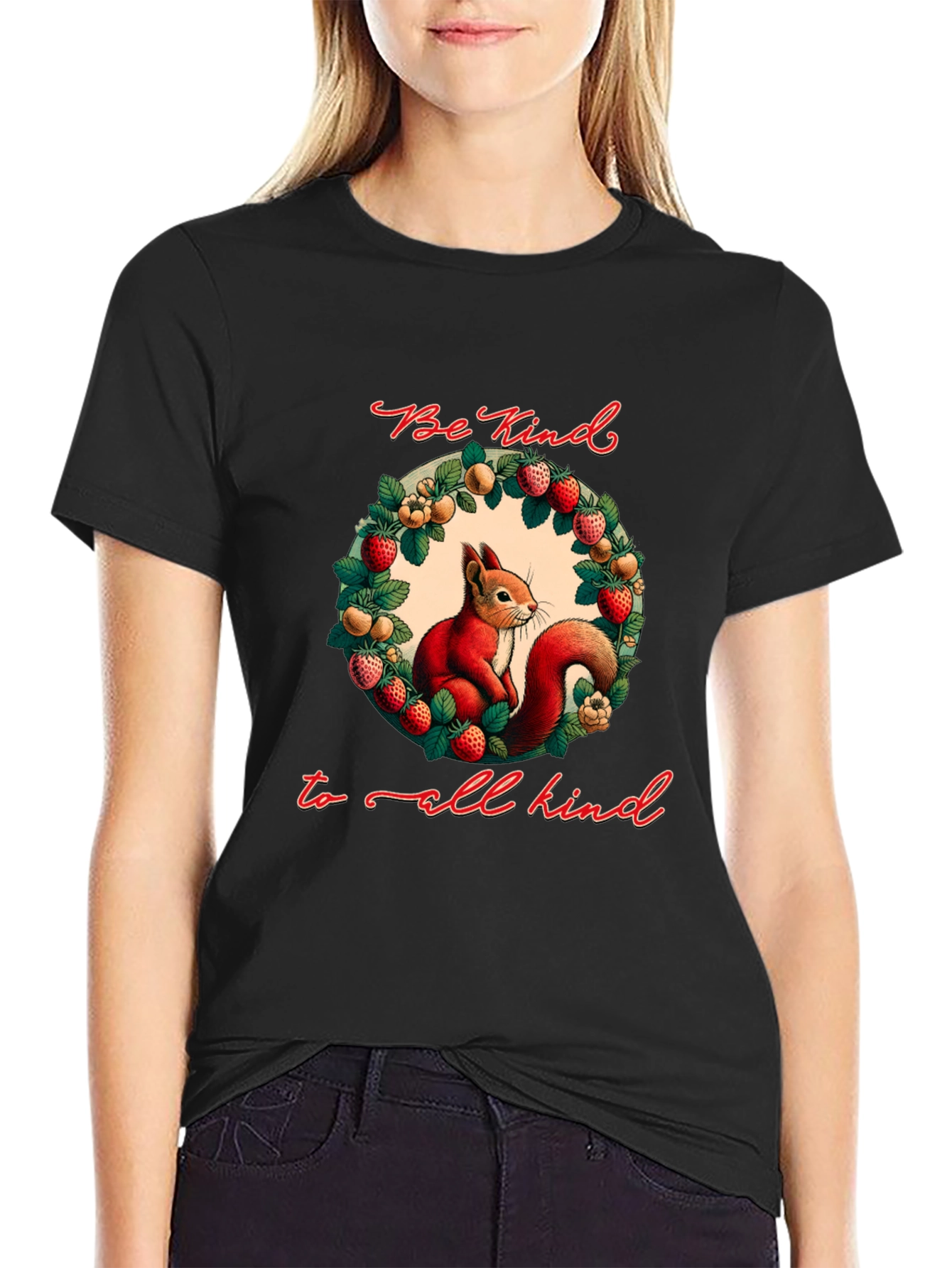 Be Kind T-Shirt with Squirrel and Floral Wreath