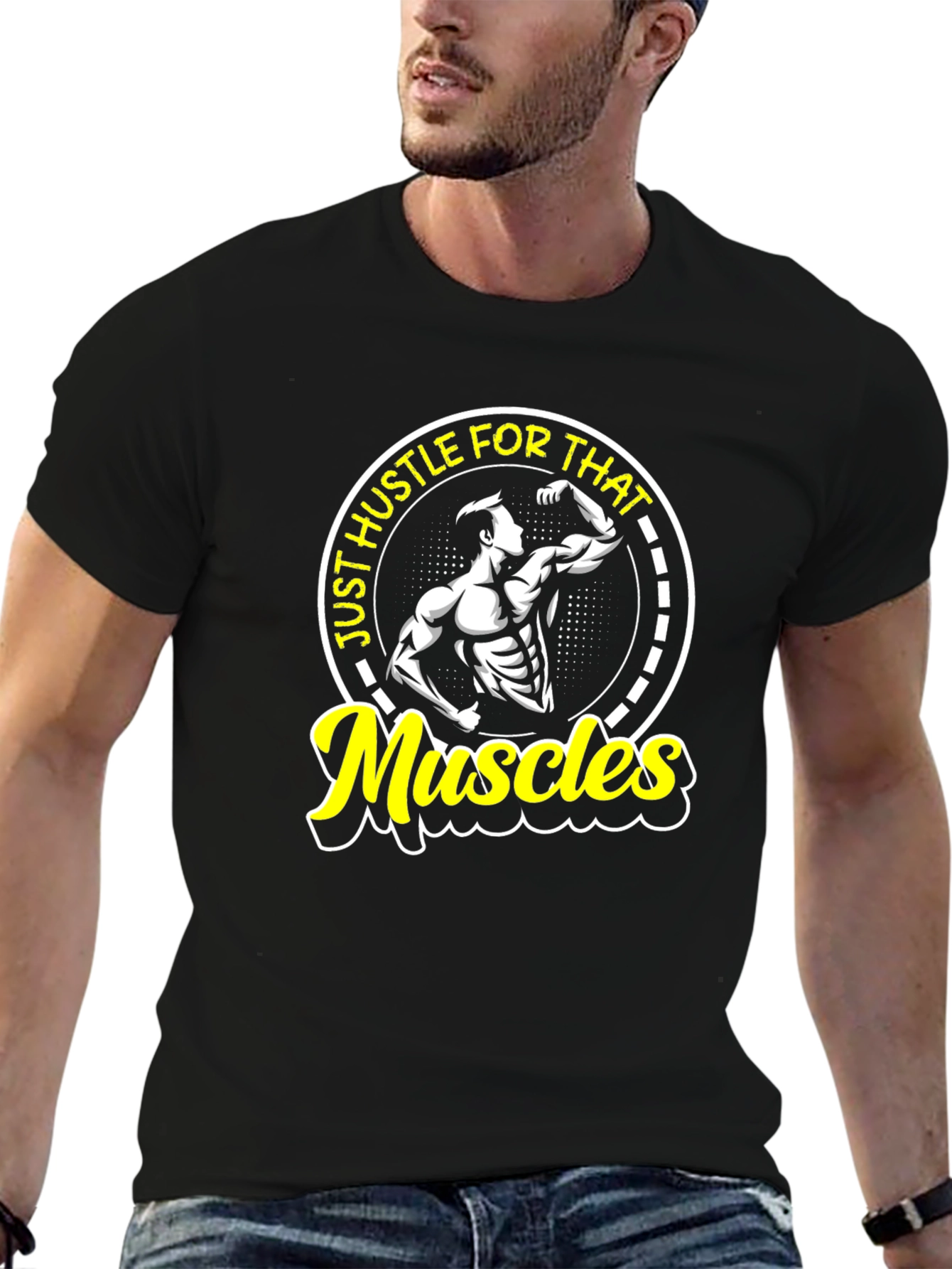 Hustle for Muscles Black Graphic T-Shirt