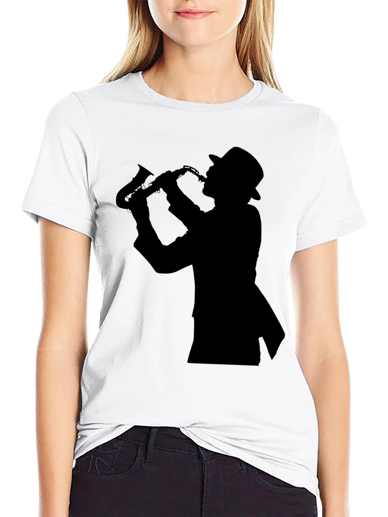 Cool Jazz Sax Player Silhouette Black T-Shirt