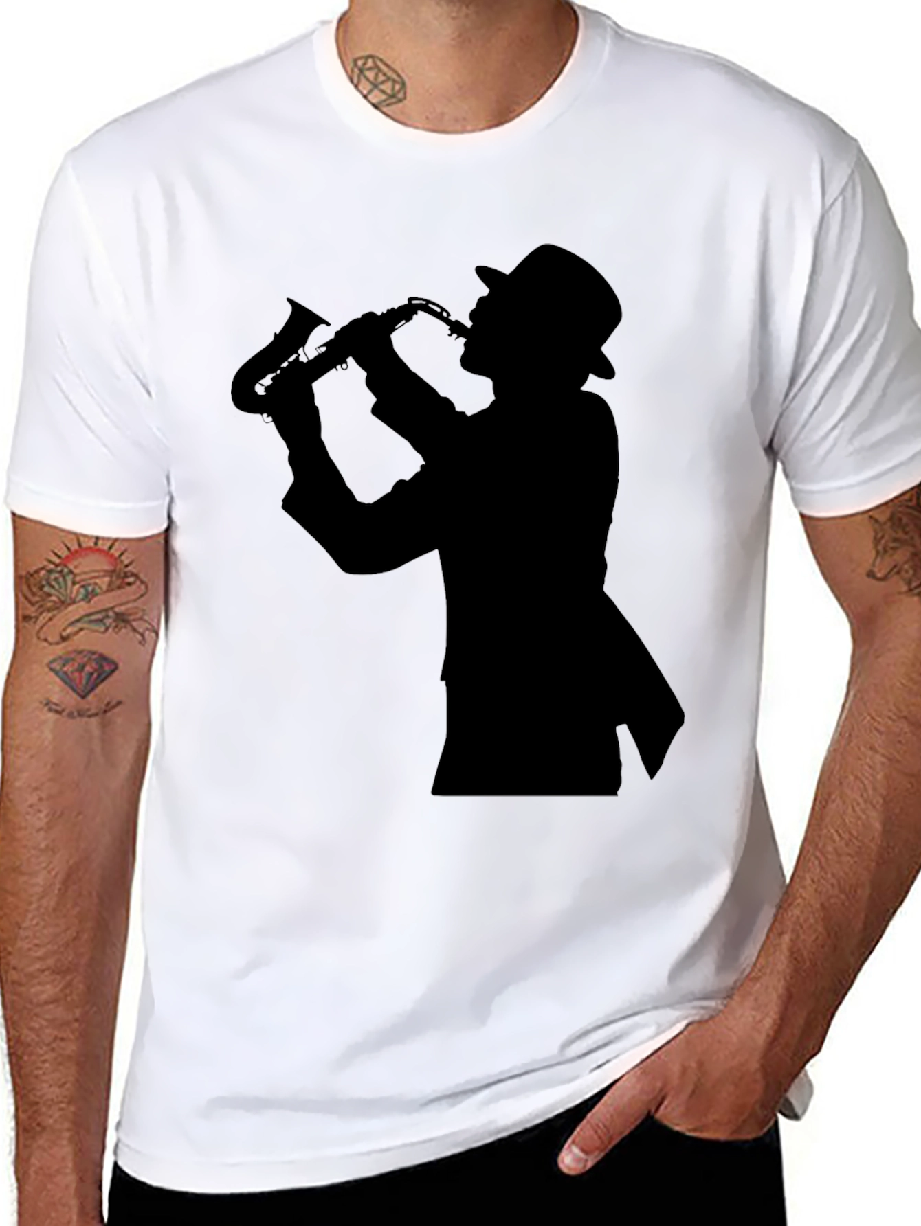 Cool Jazz Sax Player Silhouette Black T-Shirt