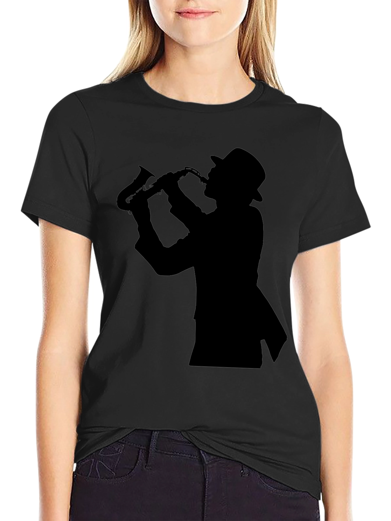 Cool Jazz Sax Player Silhouette Black T-Shirt