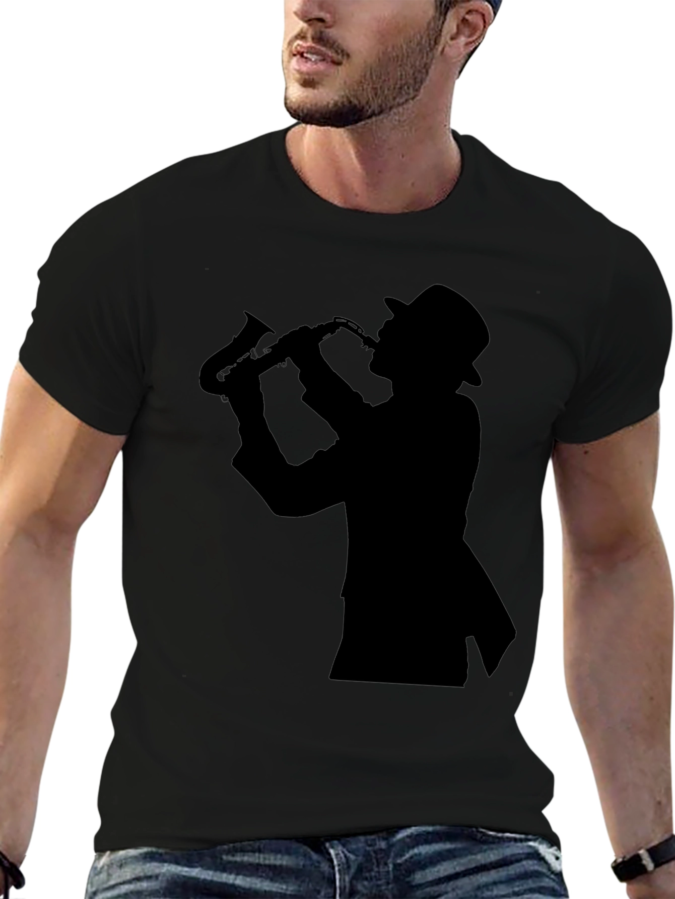 Cool Jazz Sax Player Silhouette Black T-Shirt