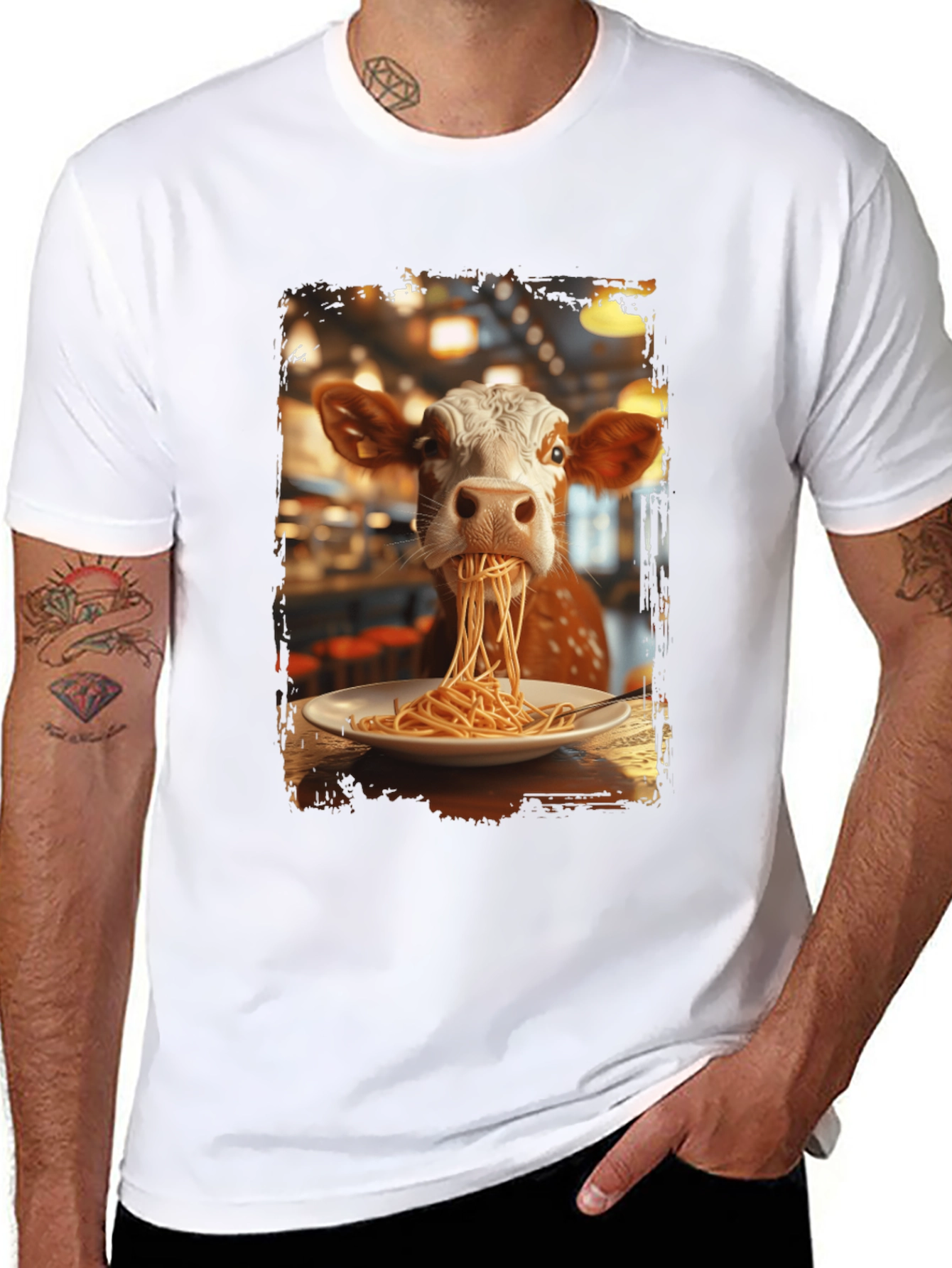Cow Eating Spaghetti Graphic T-Shirt