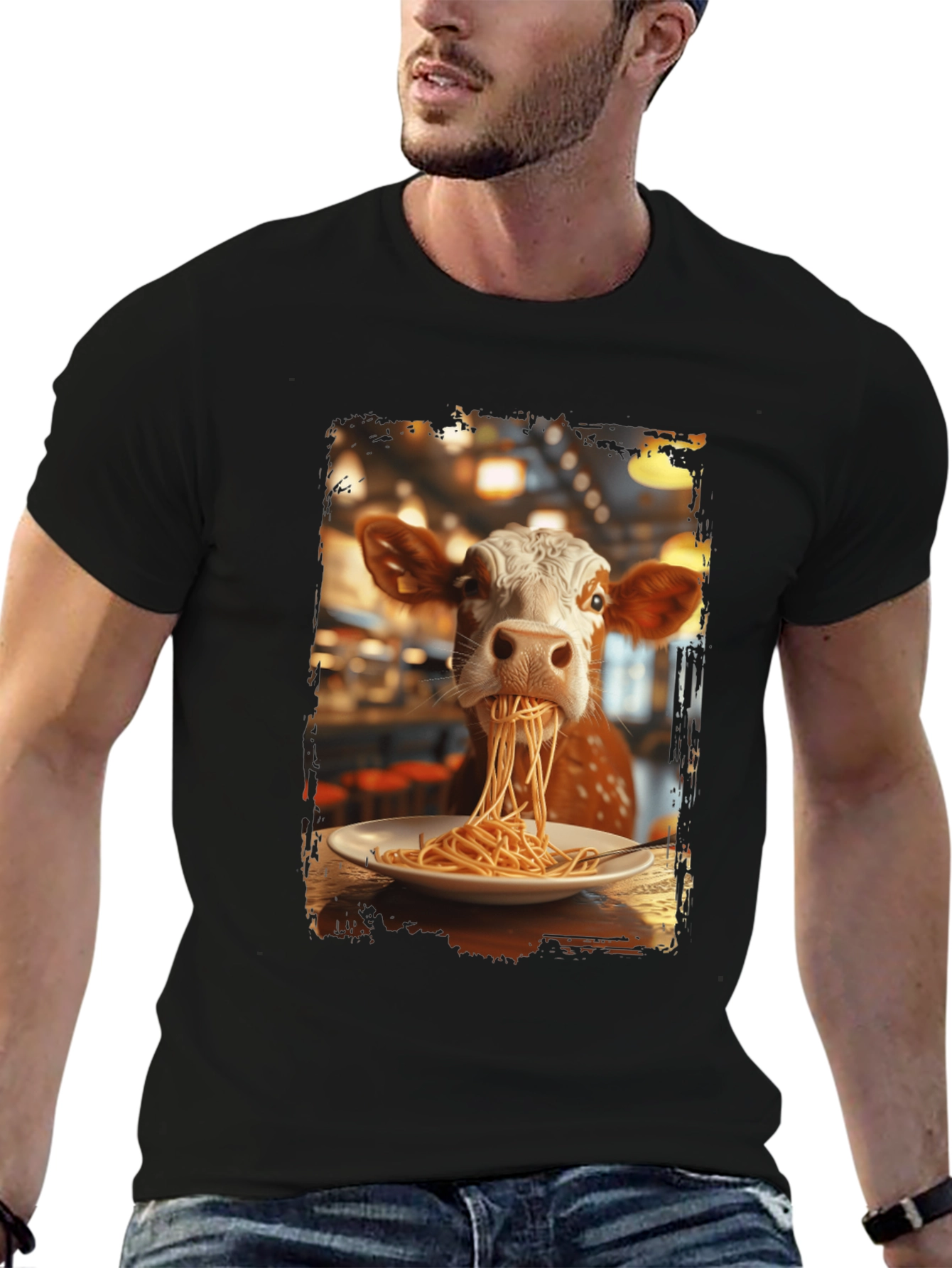 Cow Eating Spaghetti Graphic T-Shirt