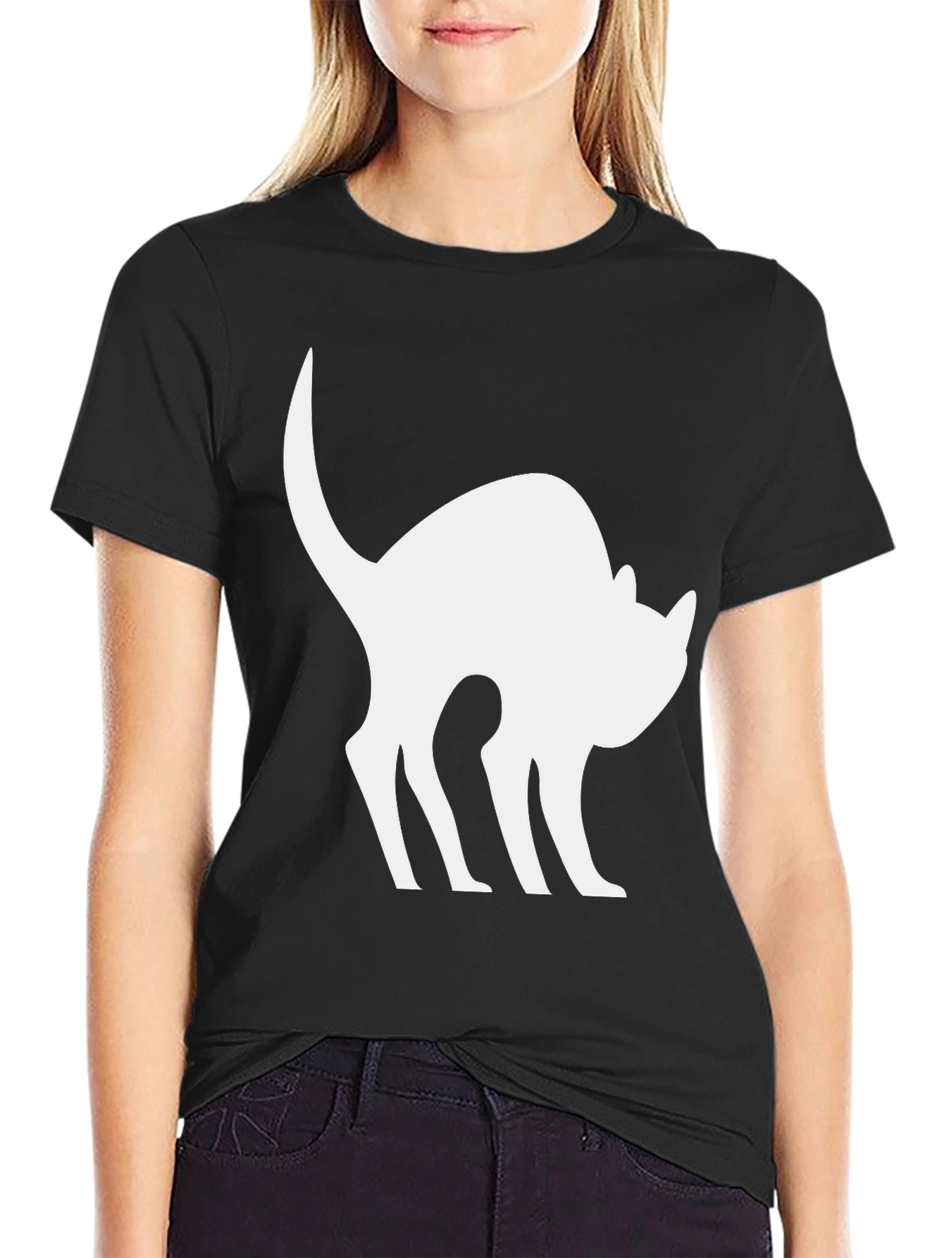 Black Cat Silhouette T-Shirt - Arched Back Design