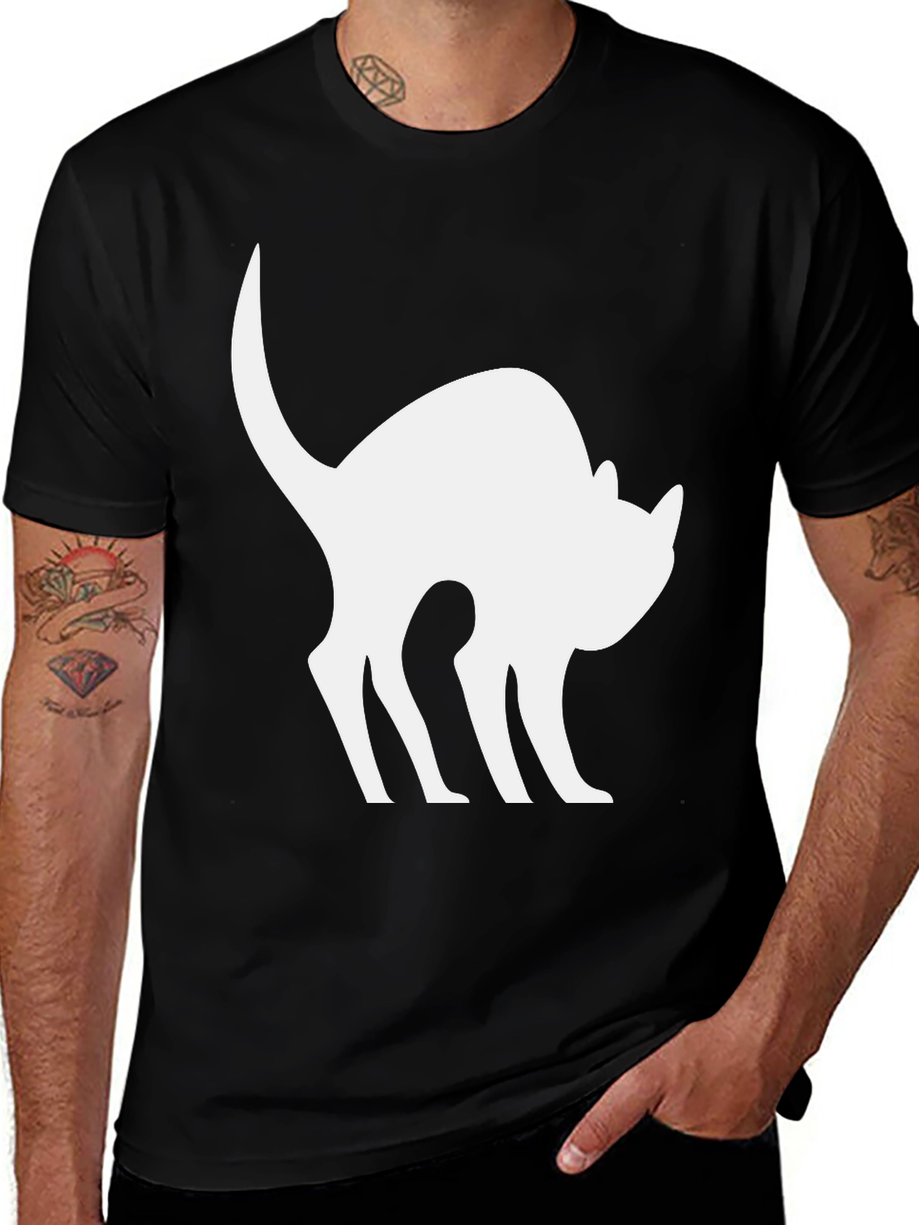 Black Cat Silhouette T-Shirt - Arched Back Design
