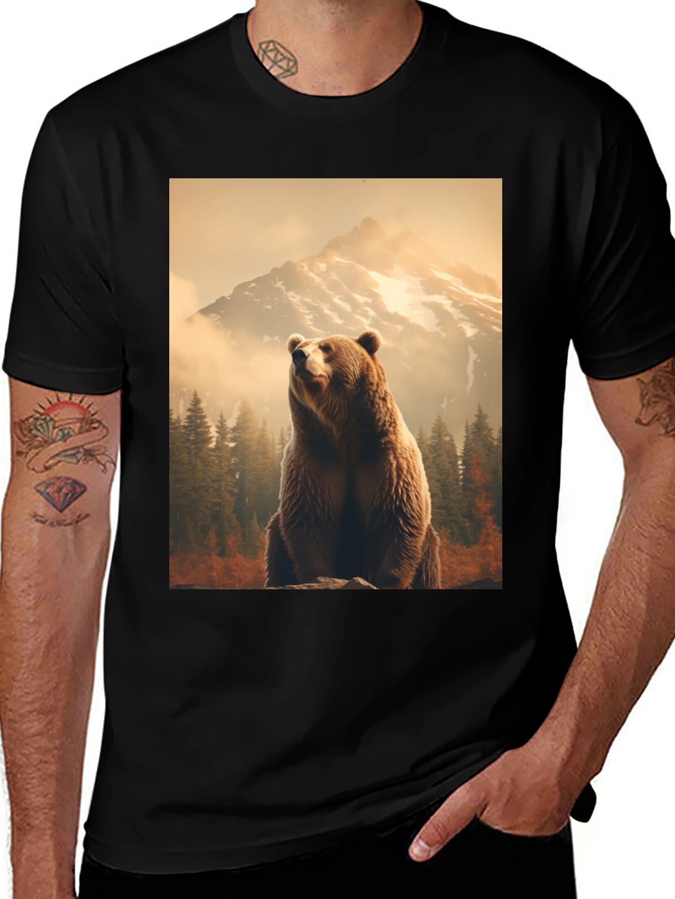 Grizzly Bear Mountain Scene Black T-Shirt