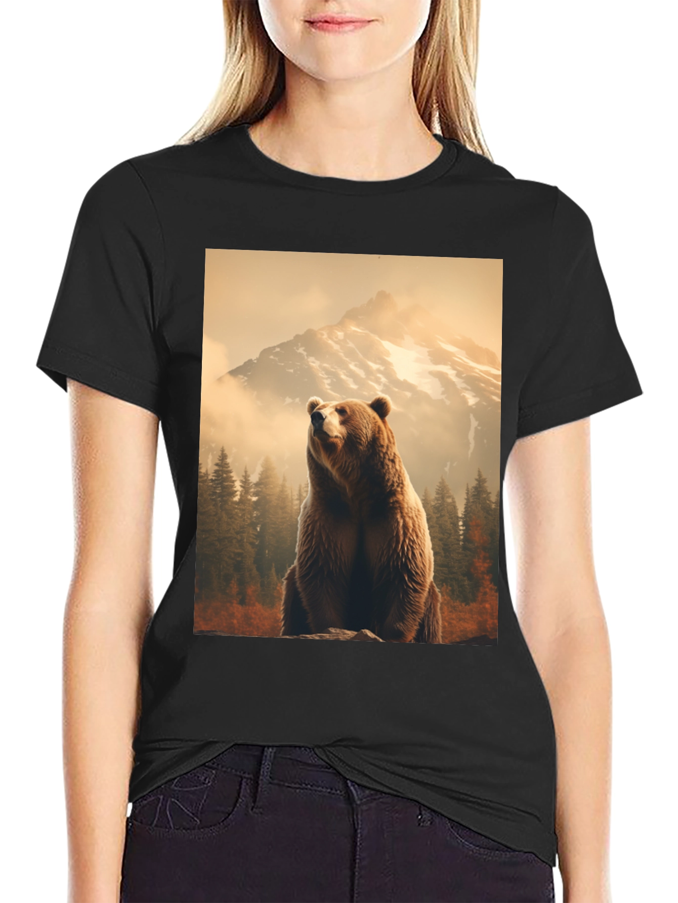 Grizzly Bear Mountain Scene Black T-Shirt