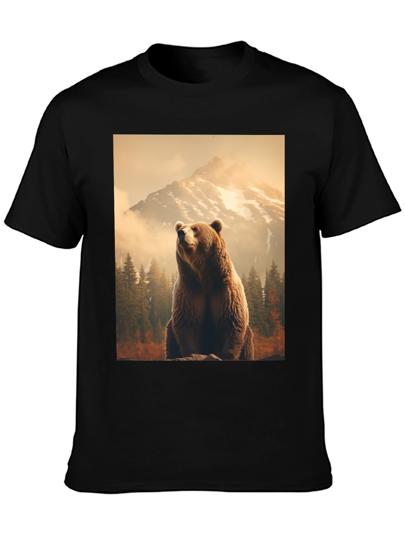 Grizzly Bear Mountain Scene Black T-Shirt
