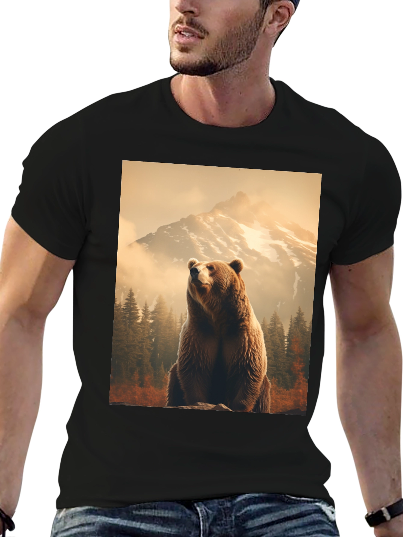 Grizzly Bear Mountain Scene Black T-Shirt
