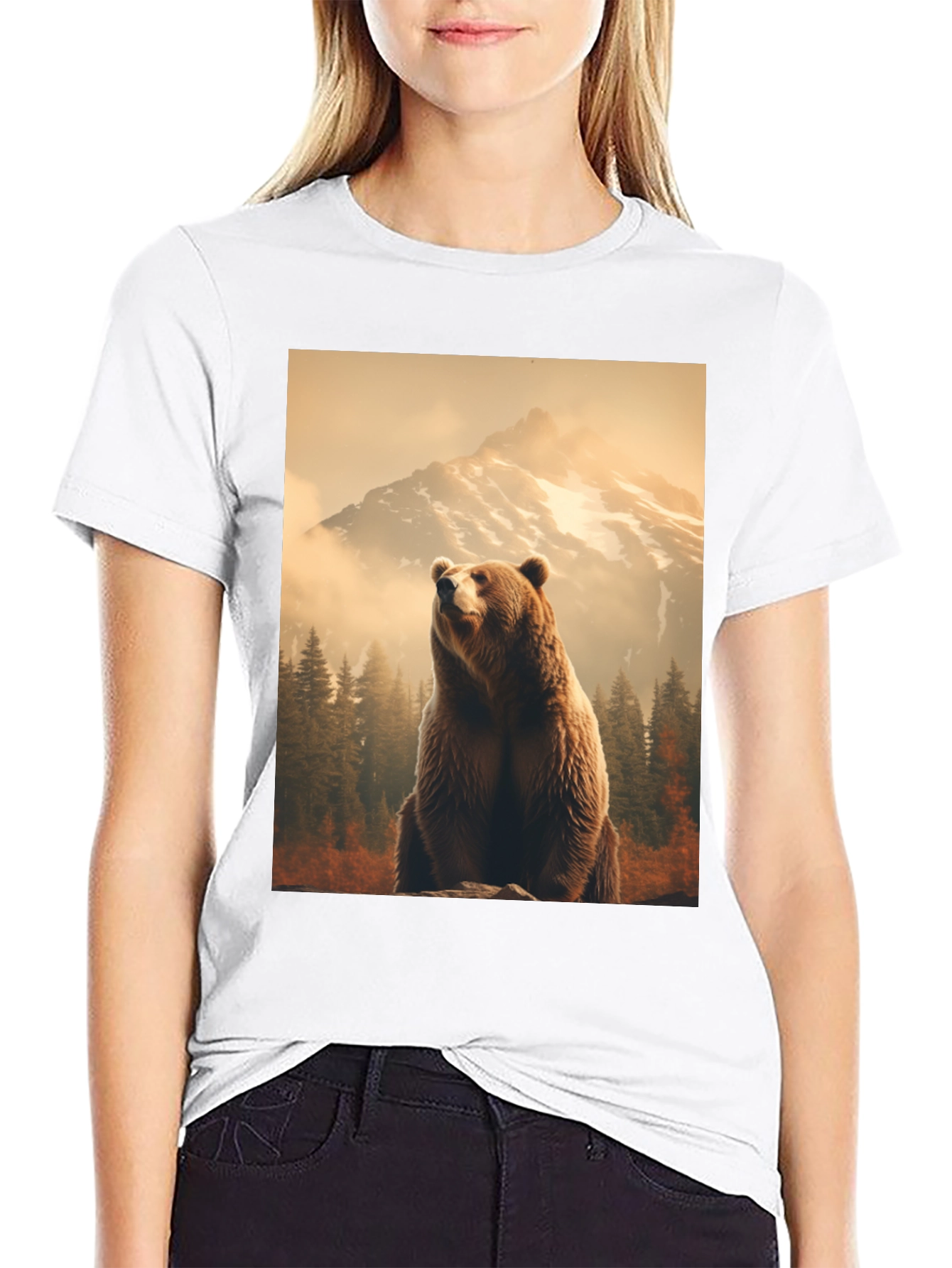 Grizzly Bear Mountain Scene Black T-Shirt