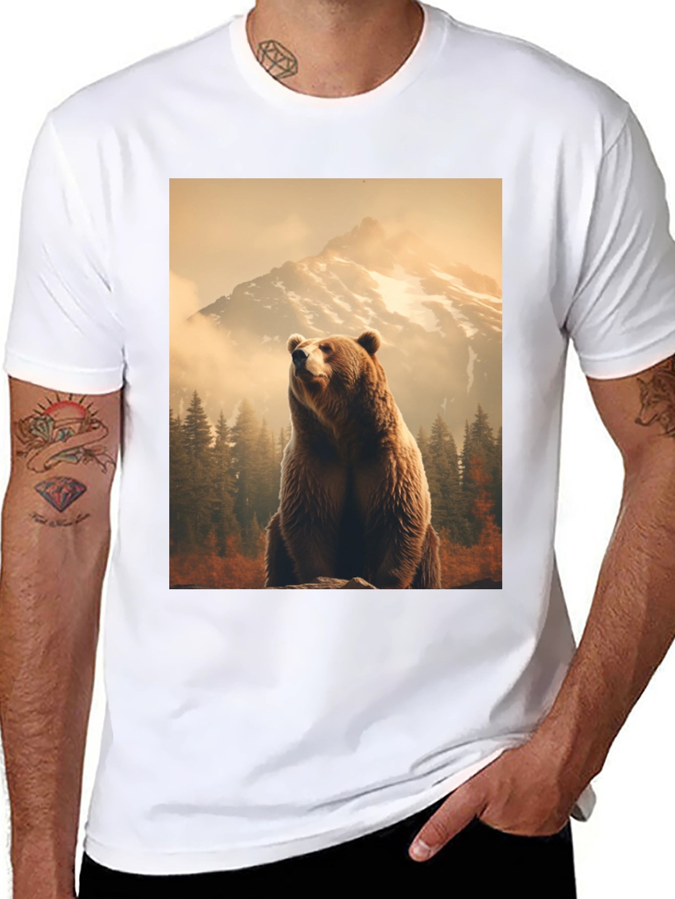 Grizzly Bear Mountain Scene Black T-Shirt