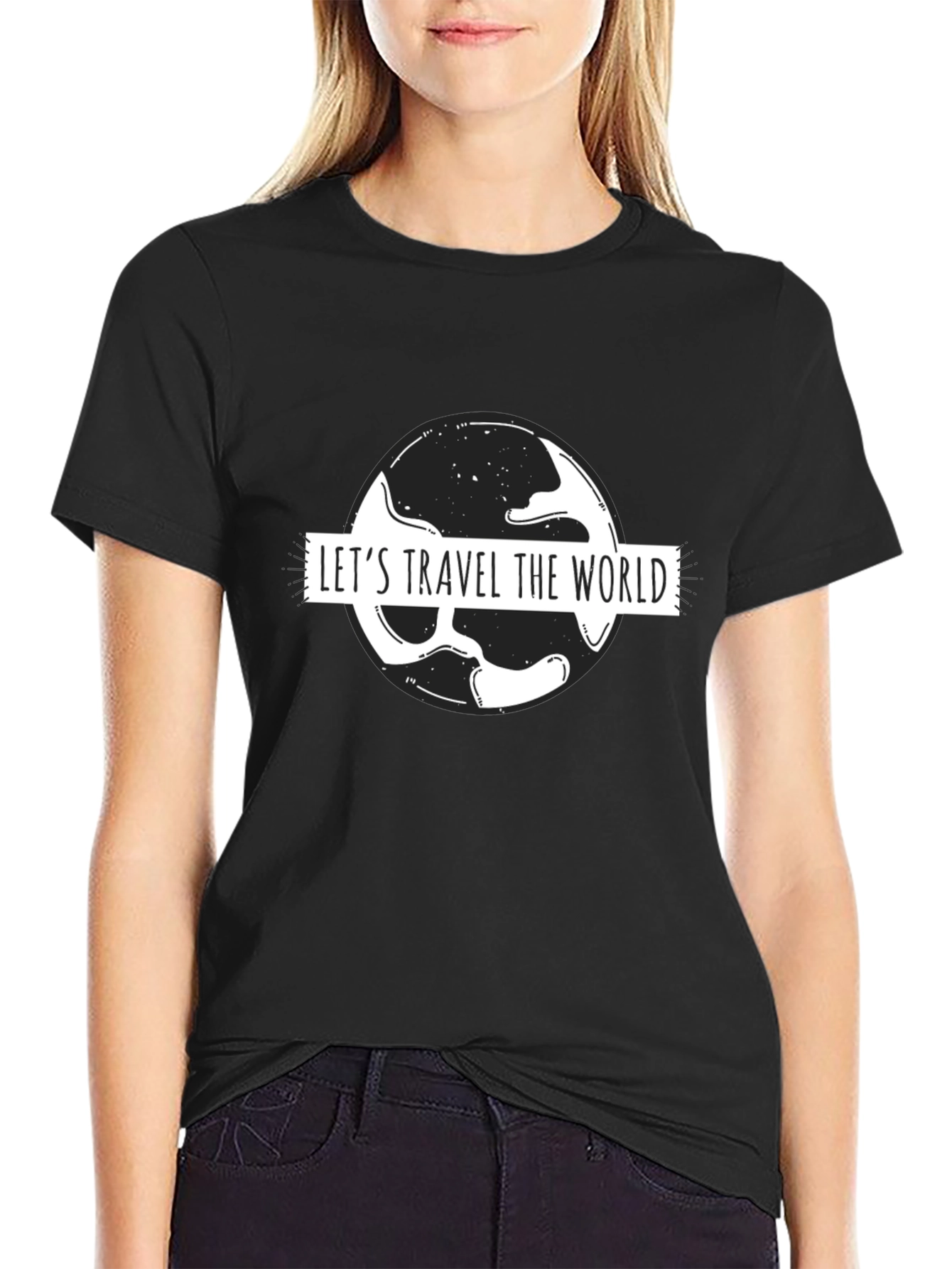 Lets Travel the World Black Graphic T-Shirt